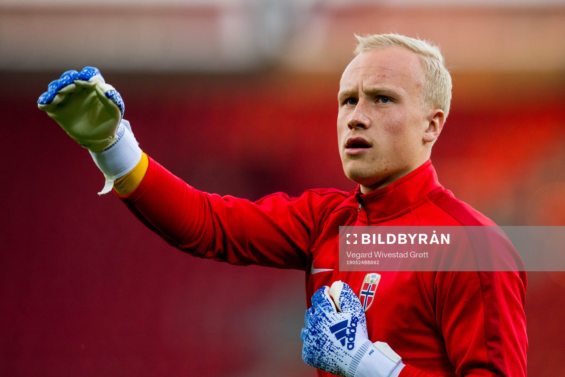 Goalkeeper Julian Faye Lund of Norway warms up