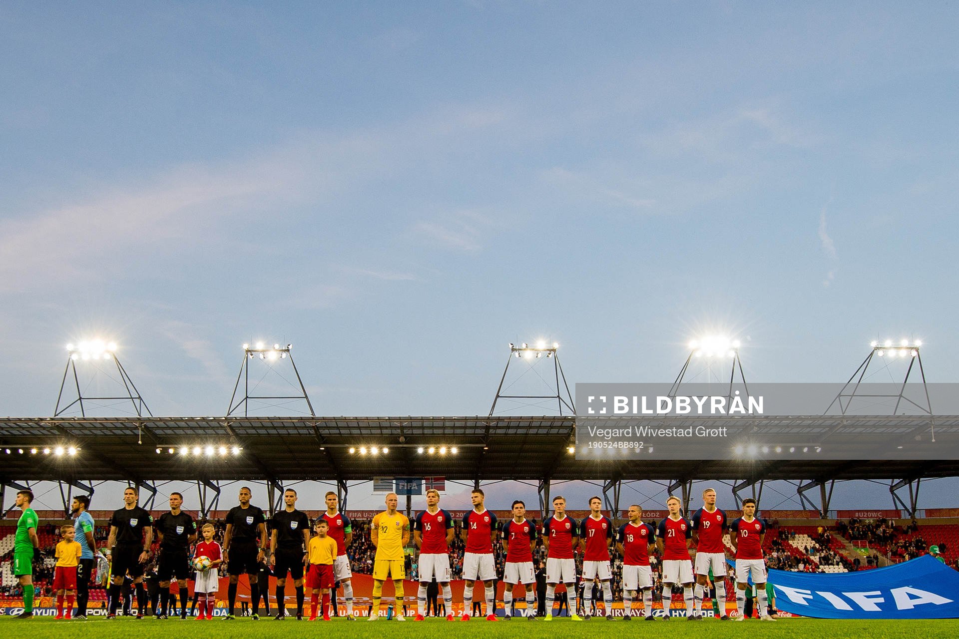 Leo Skiri Østigård, goalkeeper Julian Faye Lund, Tobias Borchgrevink Børkeeiet, Ulrik Fredriksen, Hugo Vegard Vetlesen, Christian Dahle Borchgrevink, Håkon Evjen, Tobias Hammer Svendsen, Ola Brynhildsen, Erling Braut Haaland and Eman Marković of Norway line up ahead of the FIFA U-20 World Cup football match between Uruguay and Norway on May 24, 2019 in Lodz.