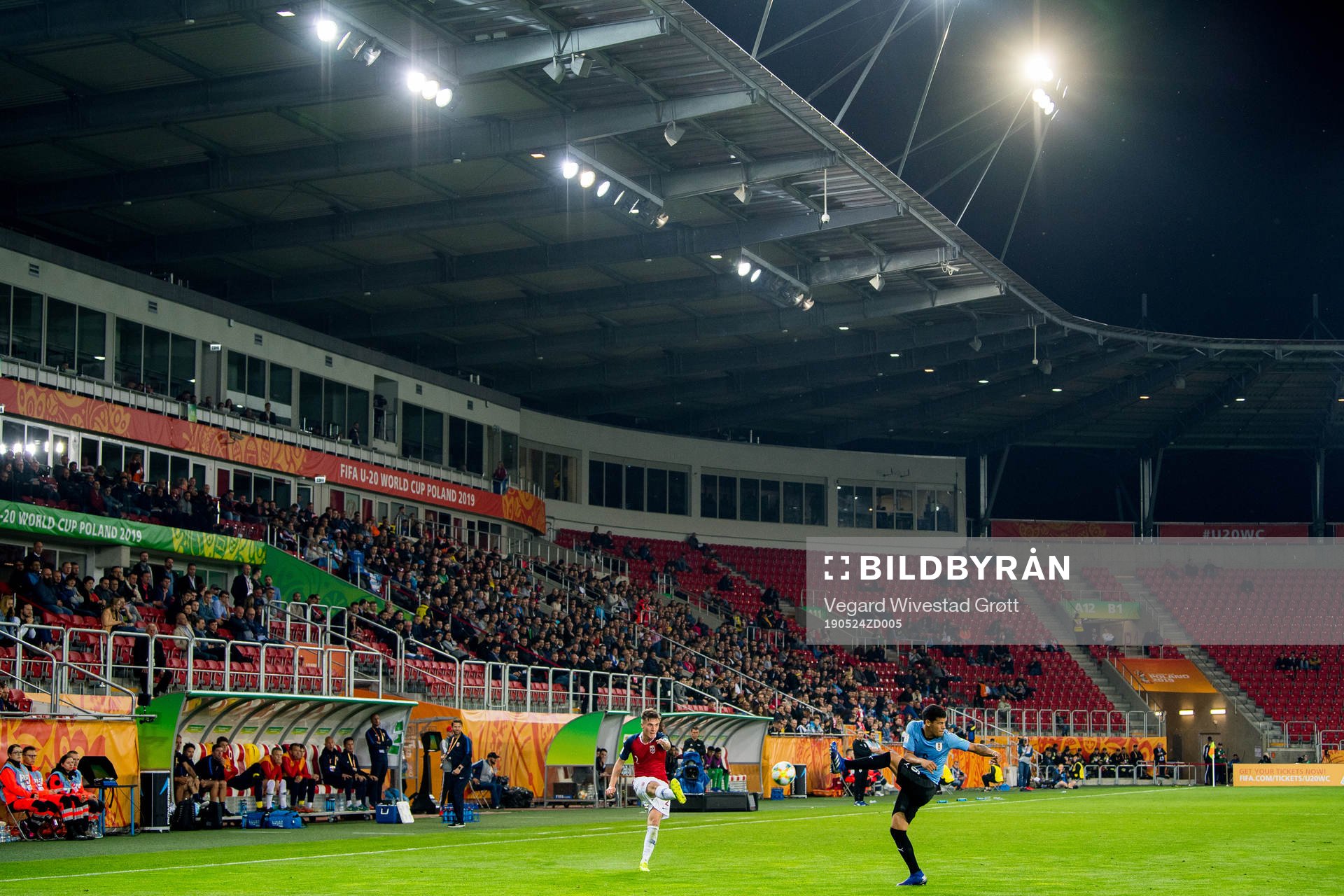 Christian Dahle Borchgrevink of Norway and Maximiliano Araújo of Uruguay during the FIFA U-20 World Cup football match between Uruguay and Norway at Stadion Widzewa on May 24, 2019 in Lodz.