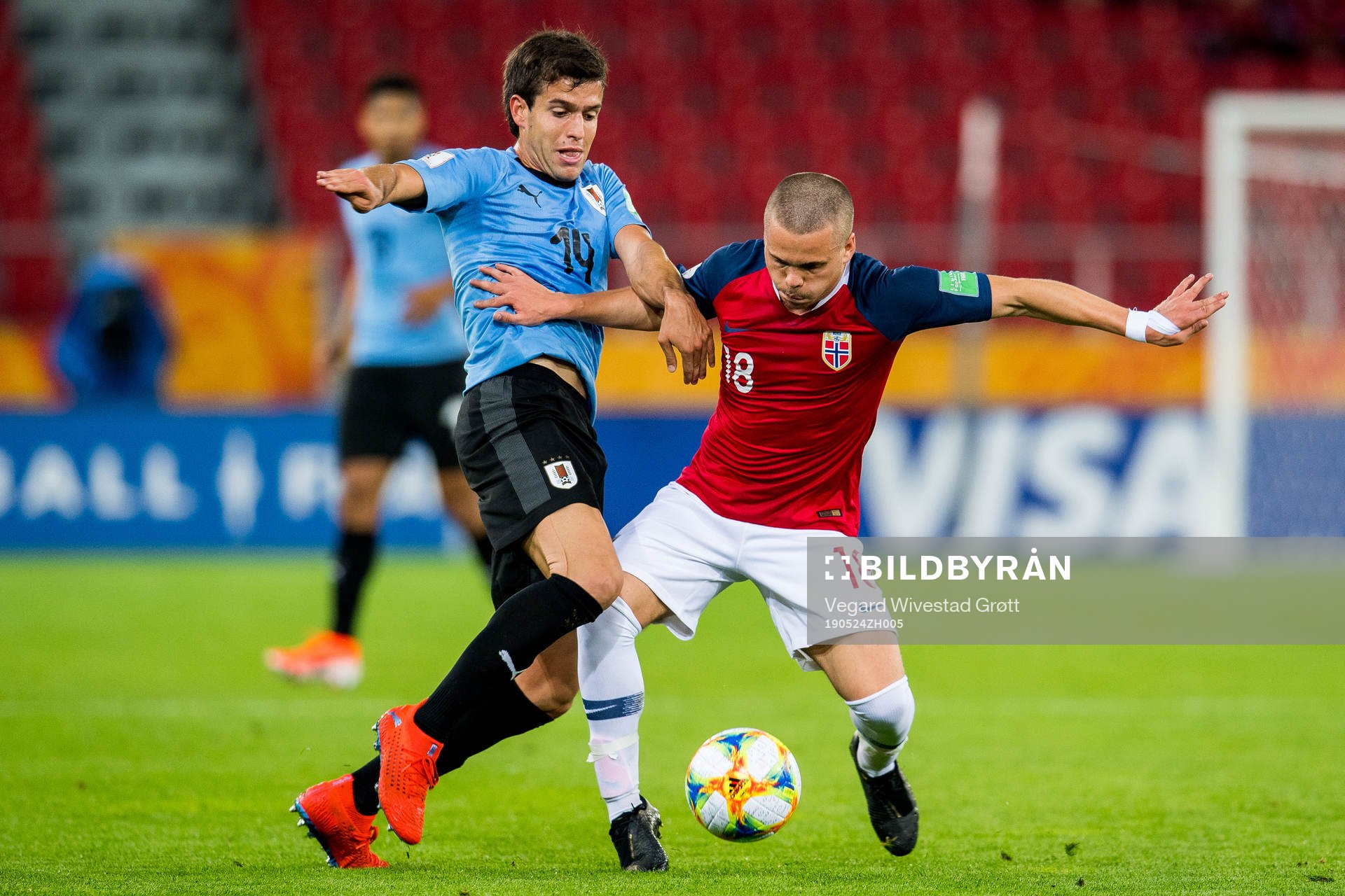 Francisco Ginella of Uruguay and Tobias Hammer Svendsen of Norway during the FIFA U-20 World Cup football match between Uruguay and Norway on May 24, 2019 in Lodz.