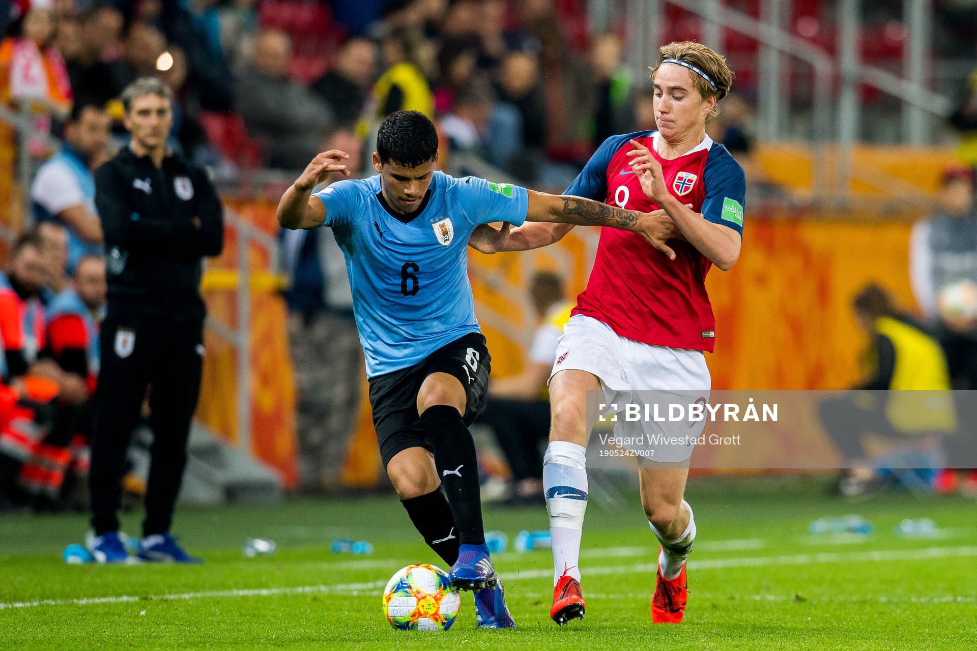 Maximiliano Araújo of Uruguay and Kristian Thorstvedt of Norway during the FIFA U-20 World Cup football match between Uruguay and Norway on May 24, 2019 in Lodz.