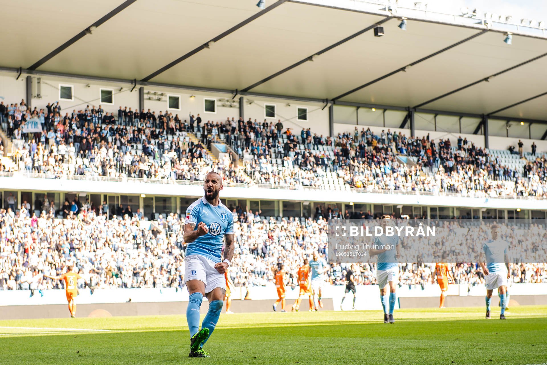 Malmö FFs Guillermo Molins jublar efter 3-0 under fotbollsmatchen i Allsvenskan mellan Malmö FF och AFC Eskilstuna den 25 maj 2019 i Malmö.