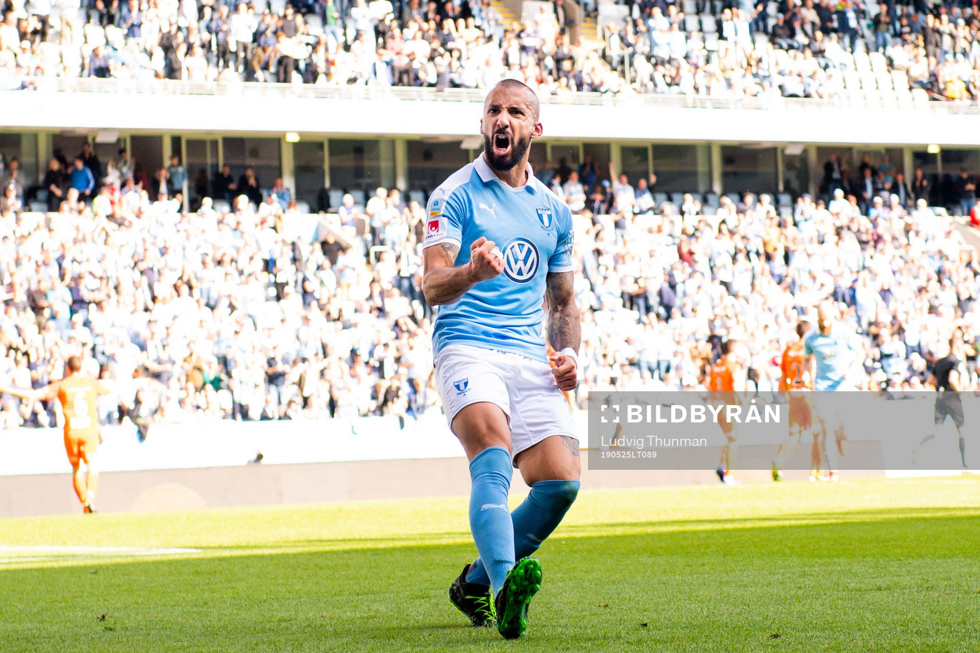 Malmö FFs Guillermo Molins jublar efter han gjort 1-0 under fotbollsmatchen i Allsvenskan mellan Malmö FF och AFC Eskilstuna den 25 maj 2019 i Malmö.