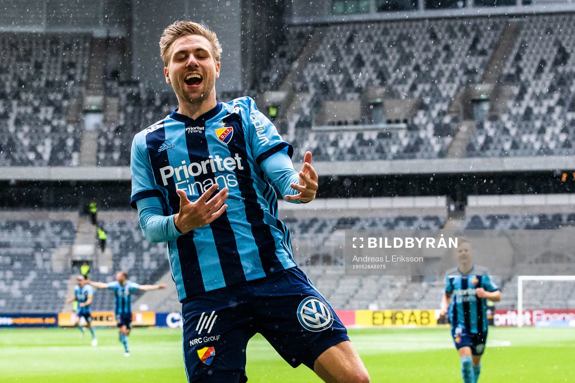 Djurgårdens Jonathan Ring jublar efter 3-1 under fotbollsmatchen i Allsvenskan mellan Djurgården och Östersund den 26 maj 2019 i Stockholm.