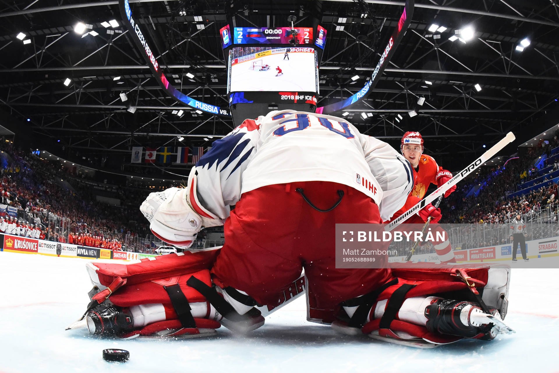 Nikita Gusev of Russia scores a goal in shootout