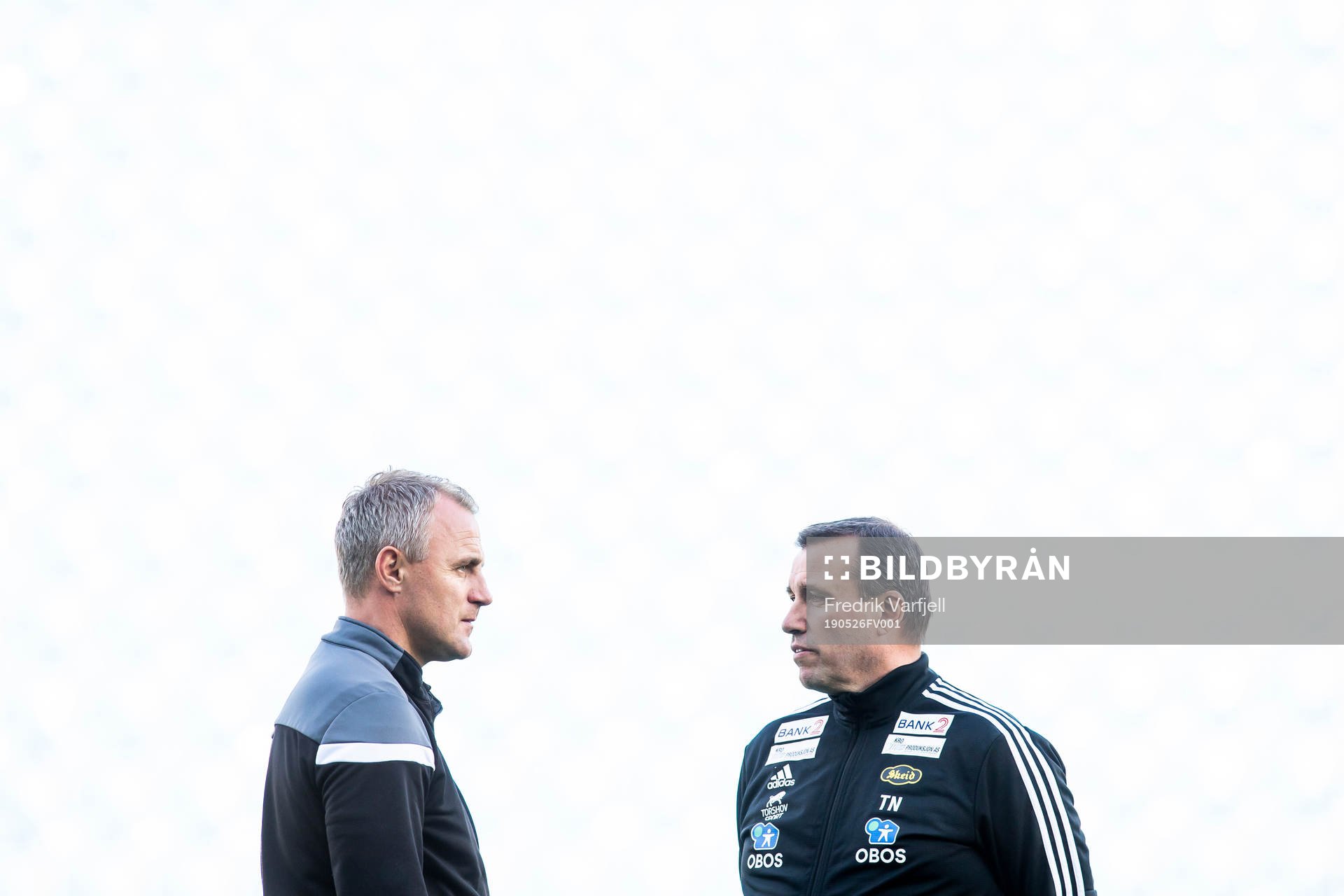 Bengt Sæternes, head coach of Sandnes Ulf, and Tom Nordlie, head coach of Skeid, ahead of the OBOS-ligaen match between Skeid and Sandnes Ulf on May 26, 2019 in Oslo.