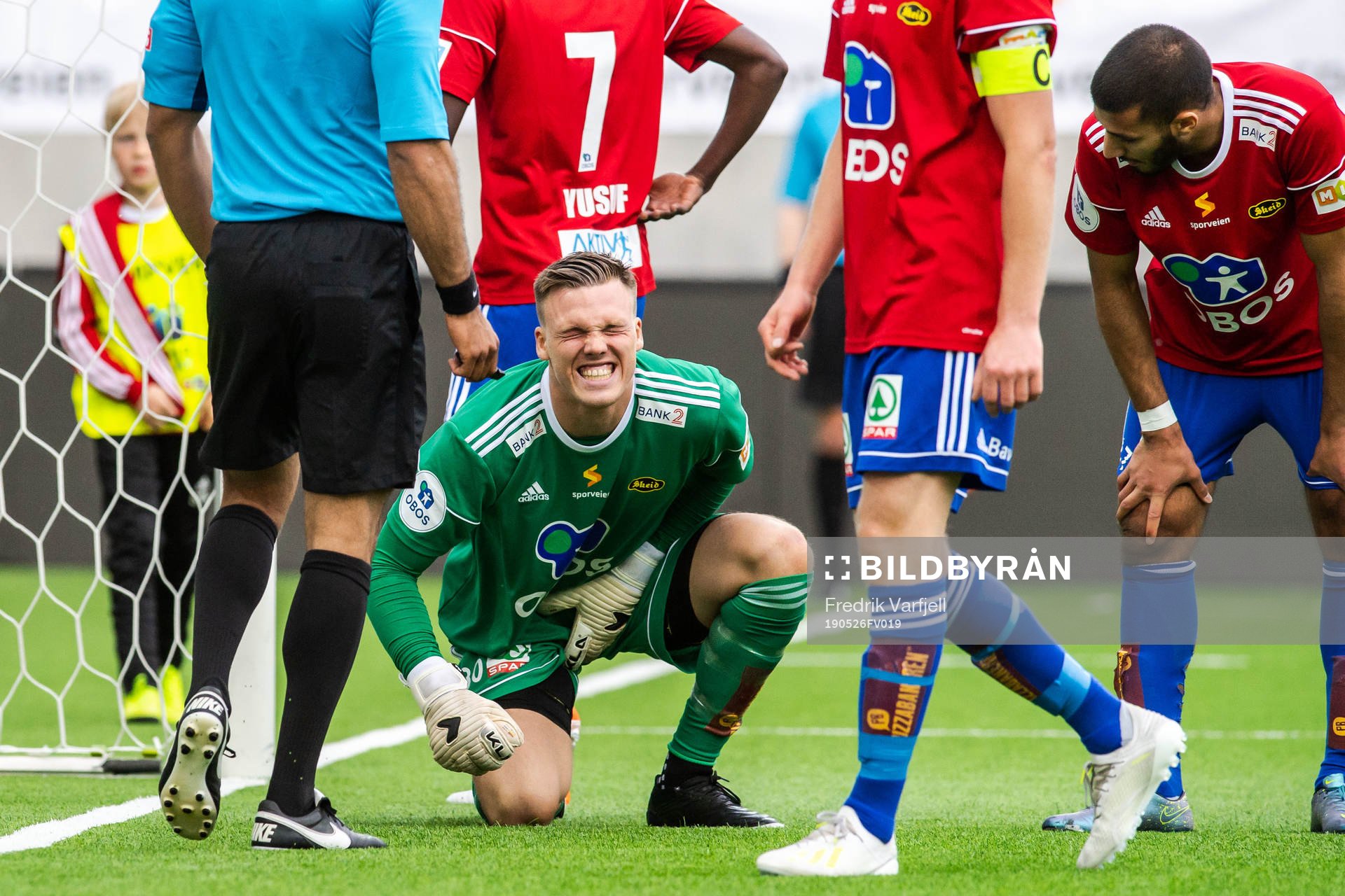 Goalkeeper Idar Nordby Lysgård of Skeid in pain during the OBOS-ligaen match between Skeid and Sandnes Ulf on May 26, 2019 in Oslo.