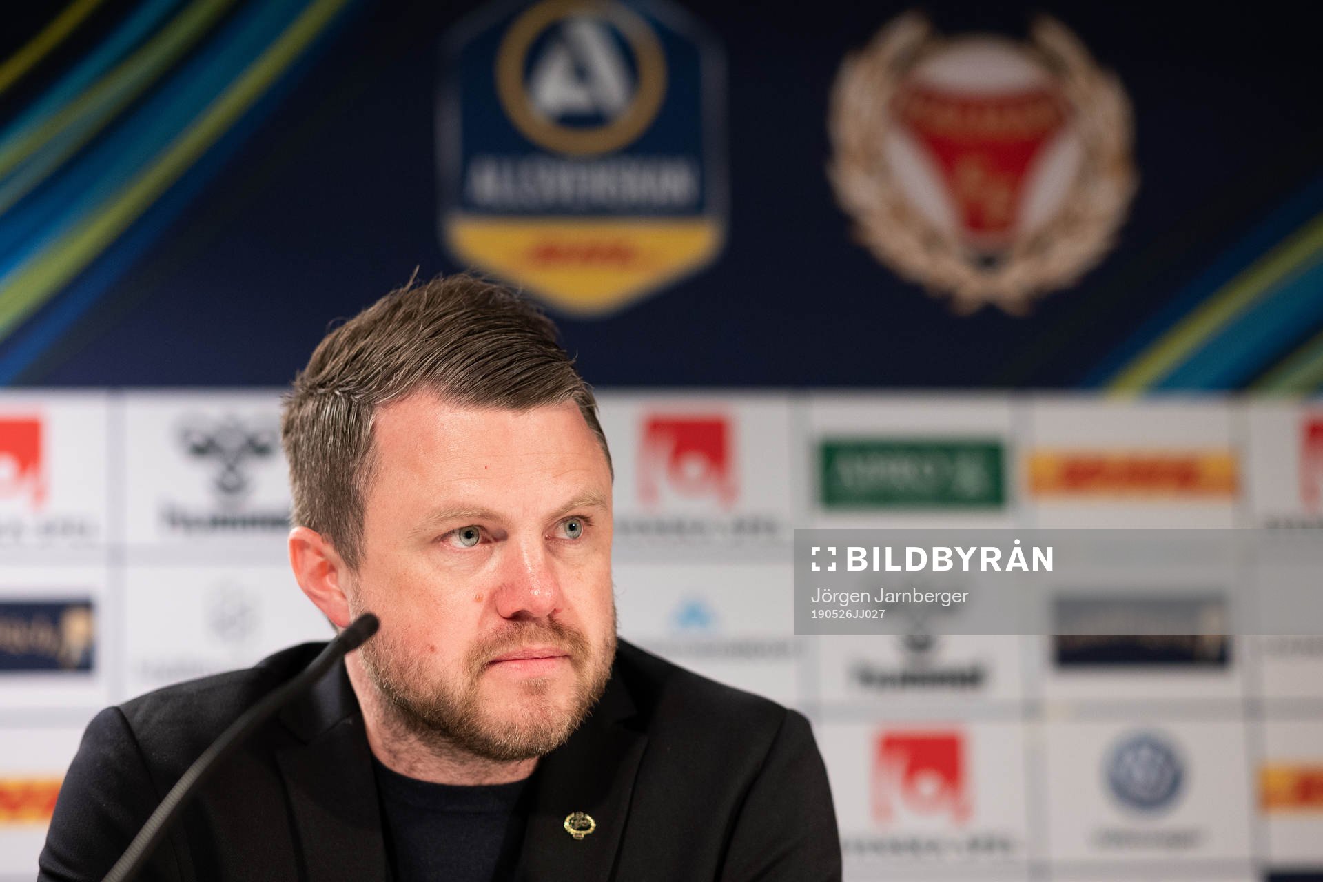 Elfsborgs tränare Jimmy Thelin under presskonferensen efter fotbollsmatchen i Allsvenskan mellan Kalmar och Elfsborg den 26 maj 2019 i Kalmar.
