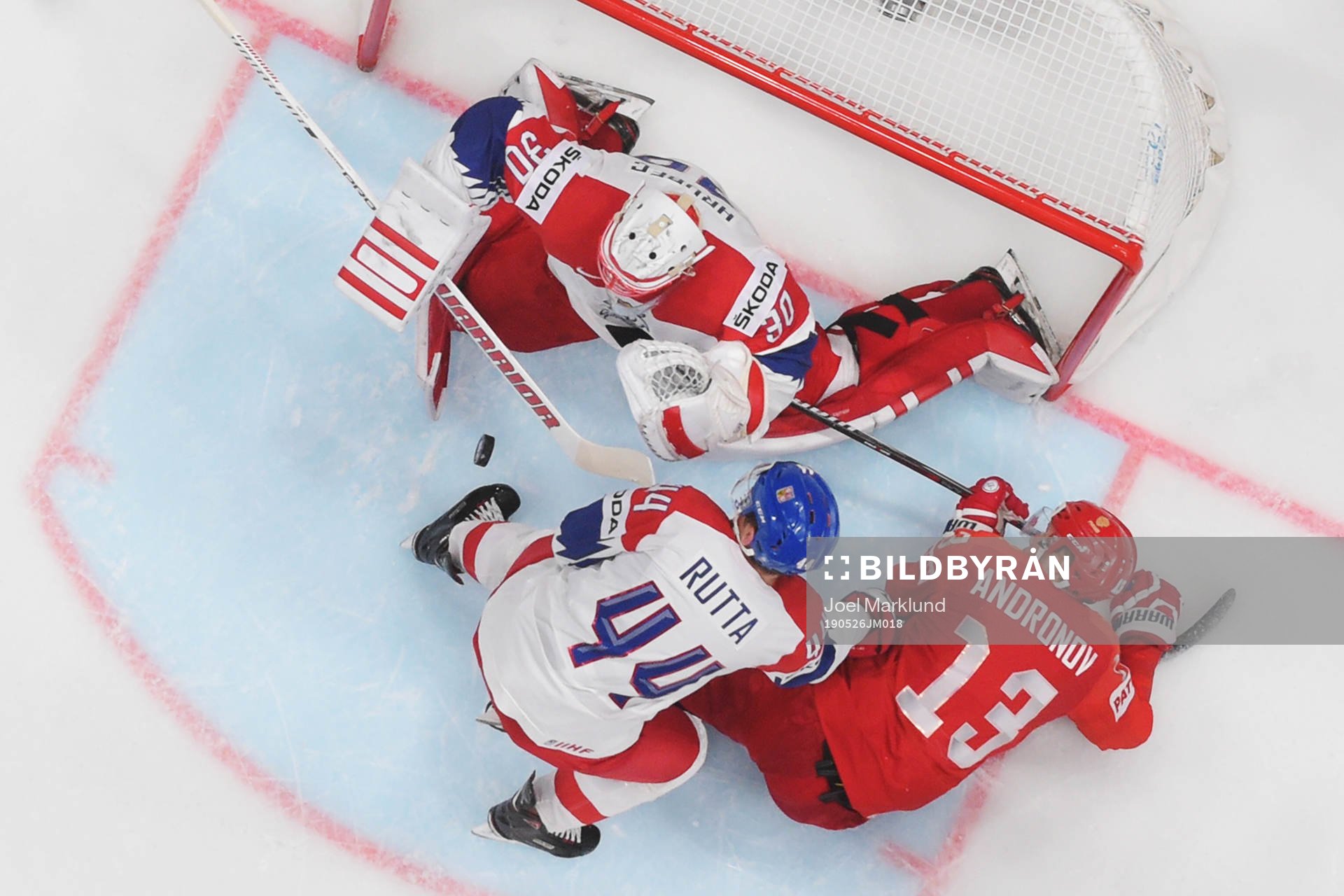 Goaltender Simon Hrubec and Jan Rutta of Czech Republic are