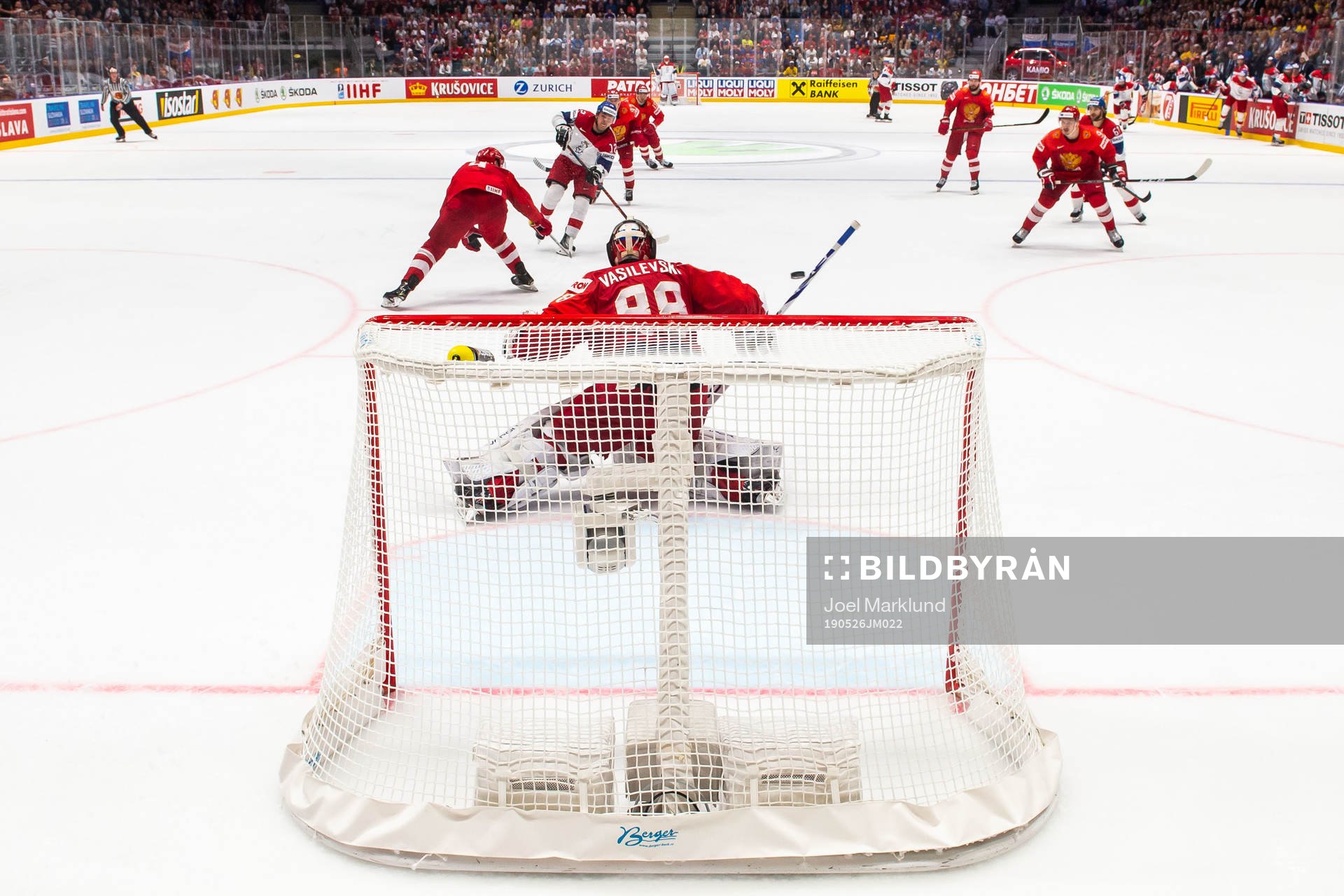 Goaltender Andrei Vasilevski of Russia with a save