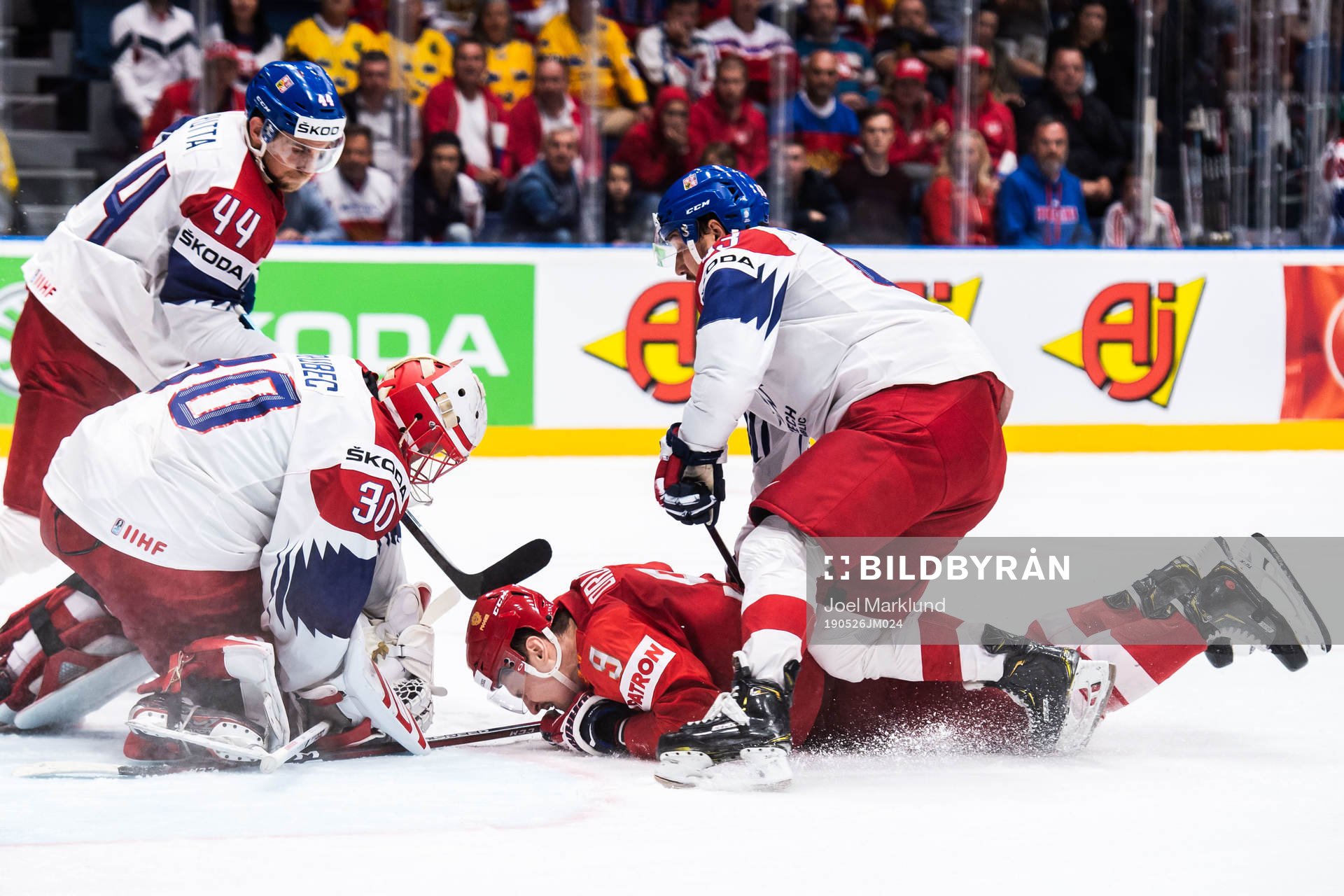 Jan Rutta, goaltender Simon Hrubec and Jan Kovar of Czech