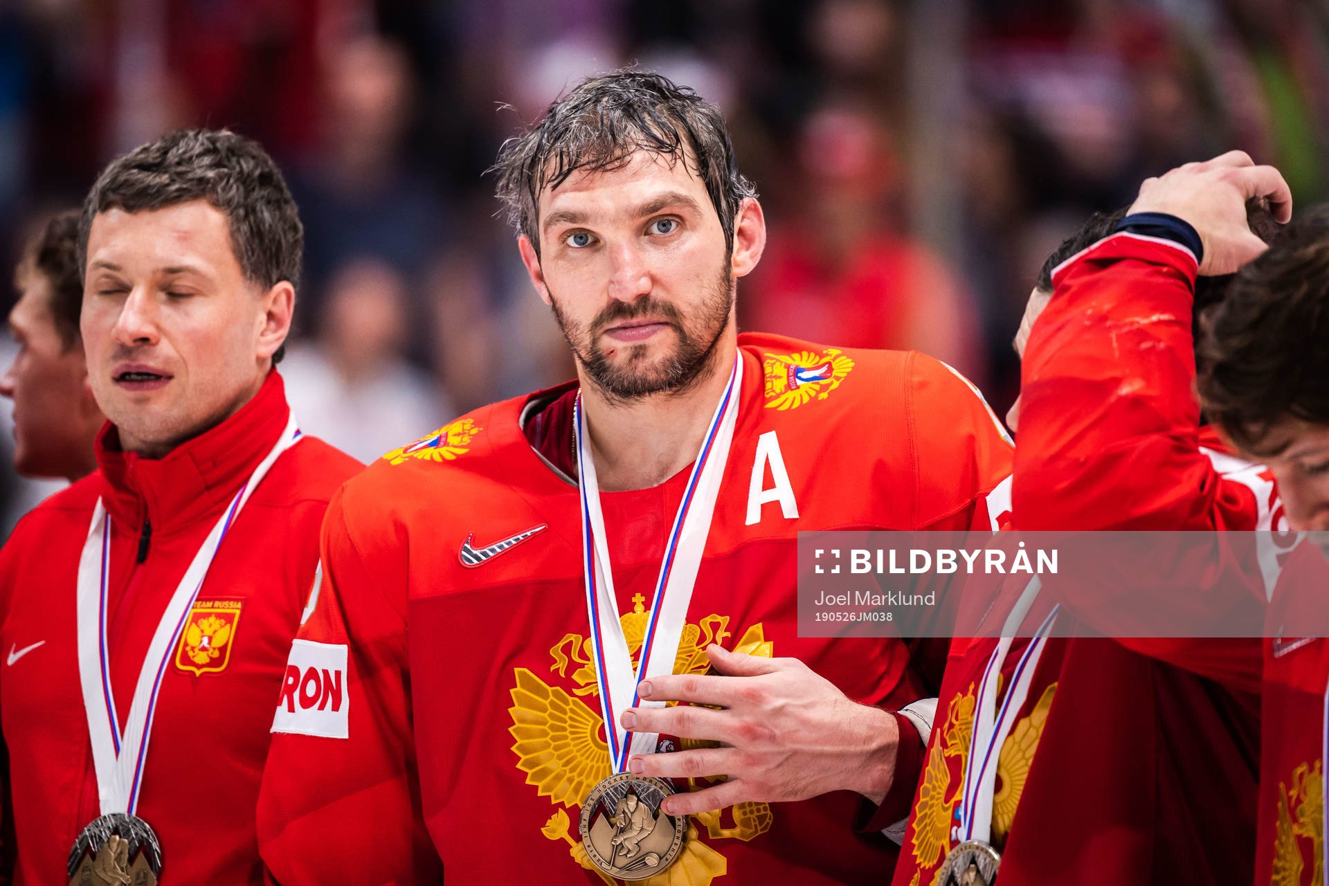 Alexander Ovechkin of Russia with his bronze medal
