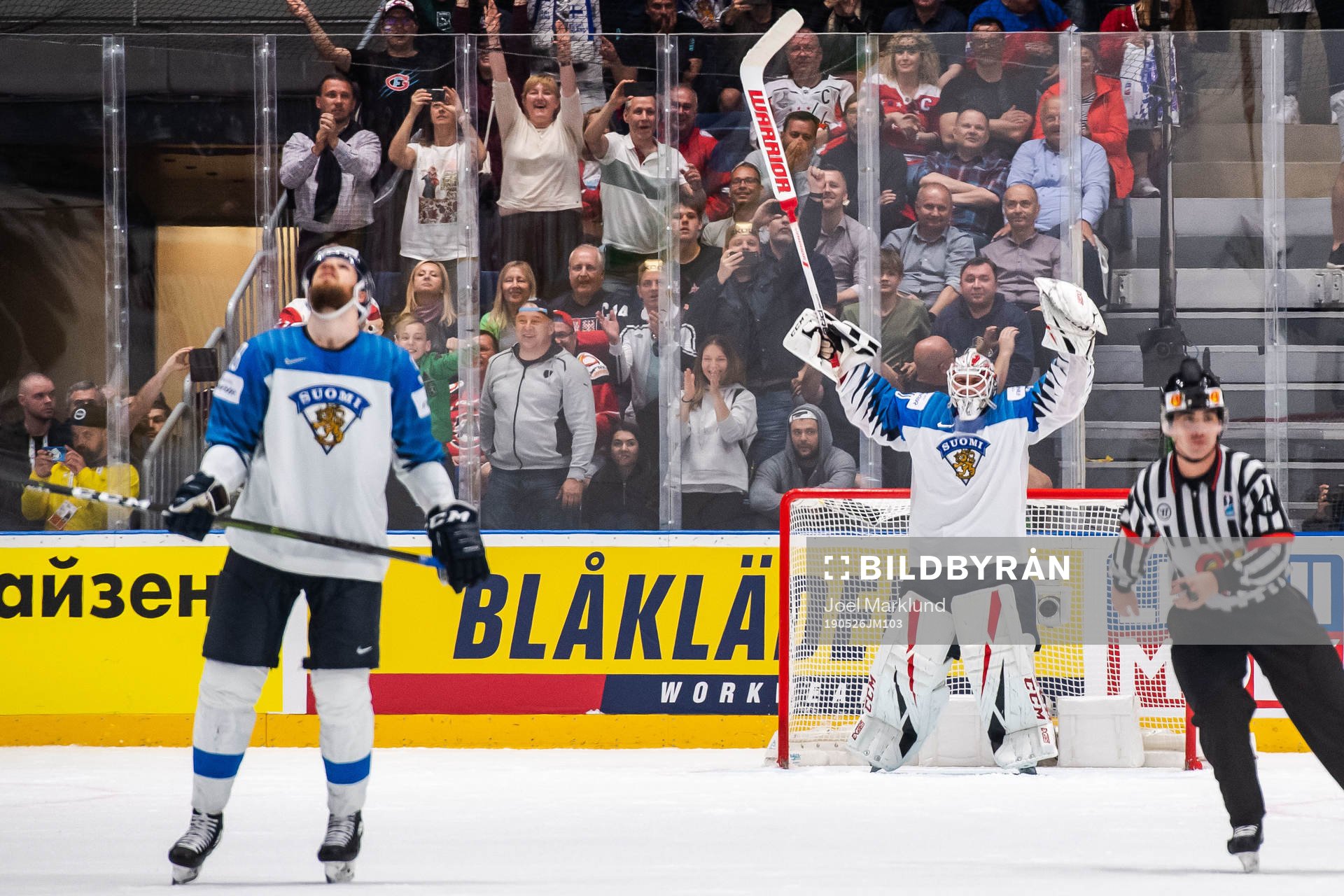 Goaltender Kevin Lankinen of Finland celebrate their win