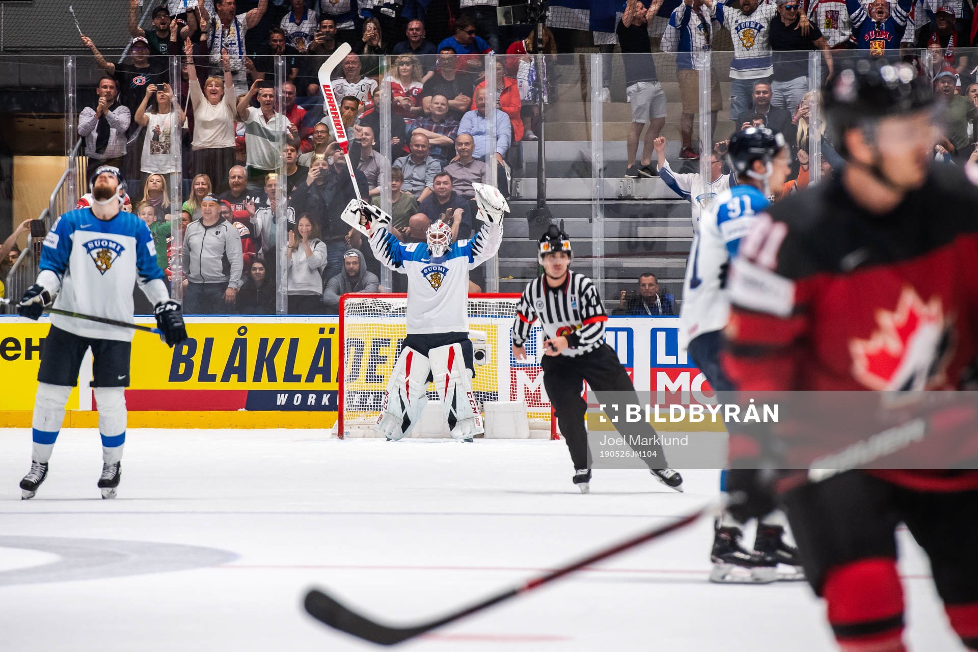 Goaltender Kevin Lankinen of Finland celebrate their win