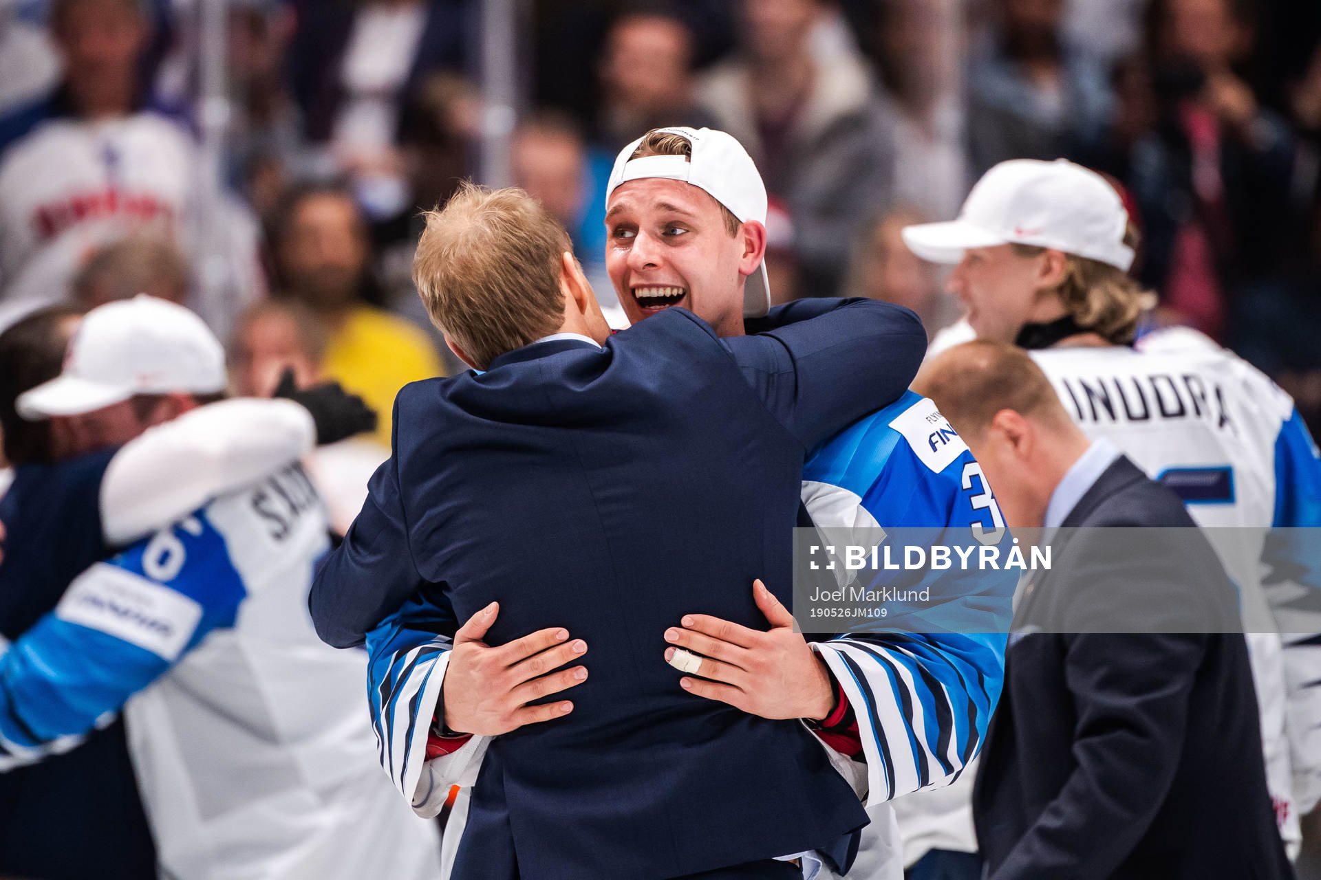 Goaltender Kevin Lankinen of Finland celebrate their win