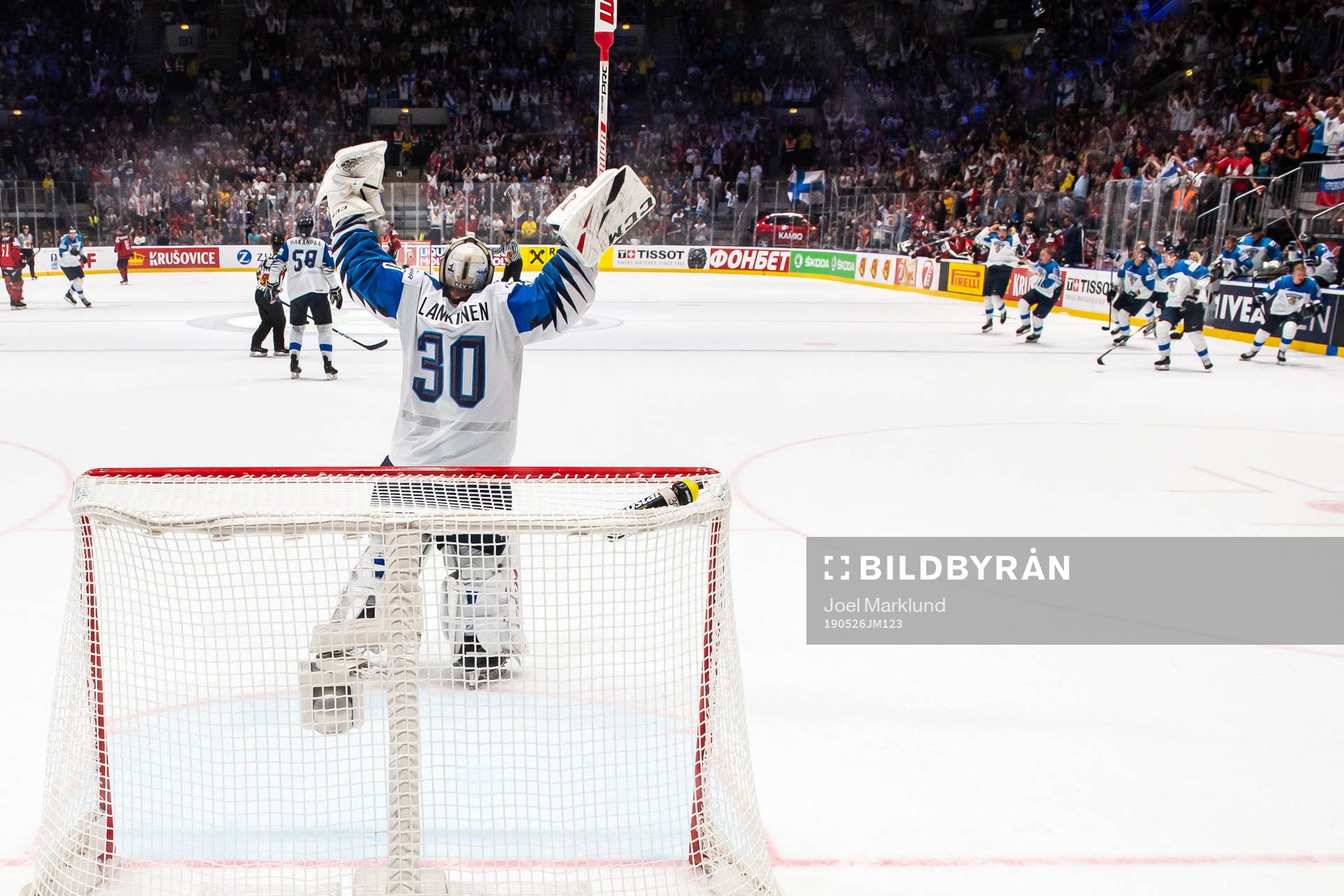 Goaltender Kevin Lankinen of Finland celebrate their win