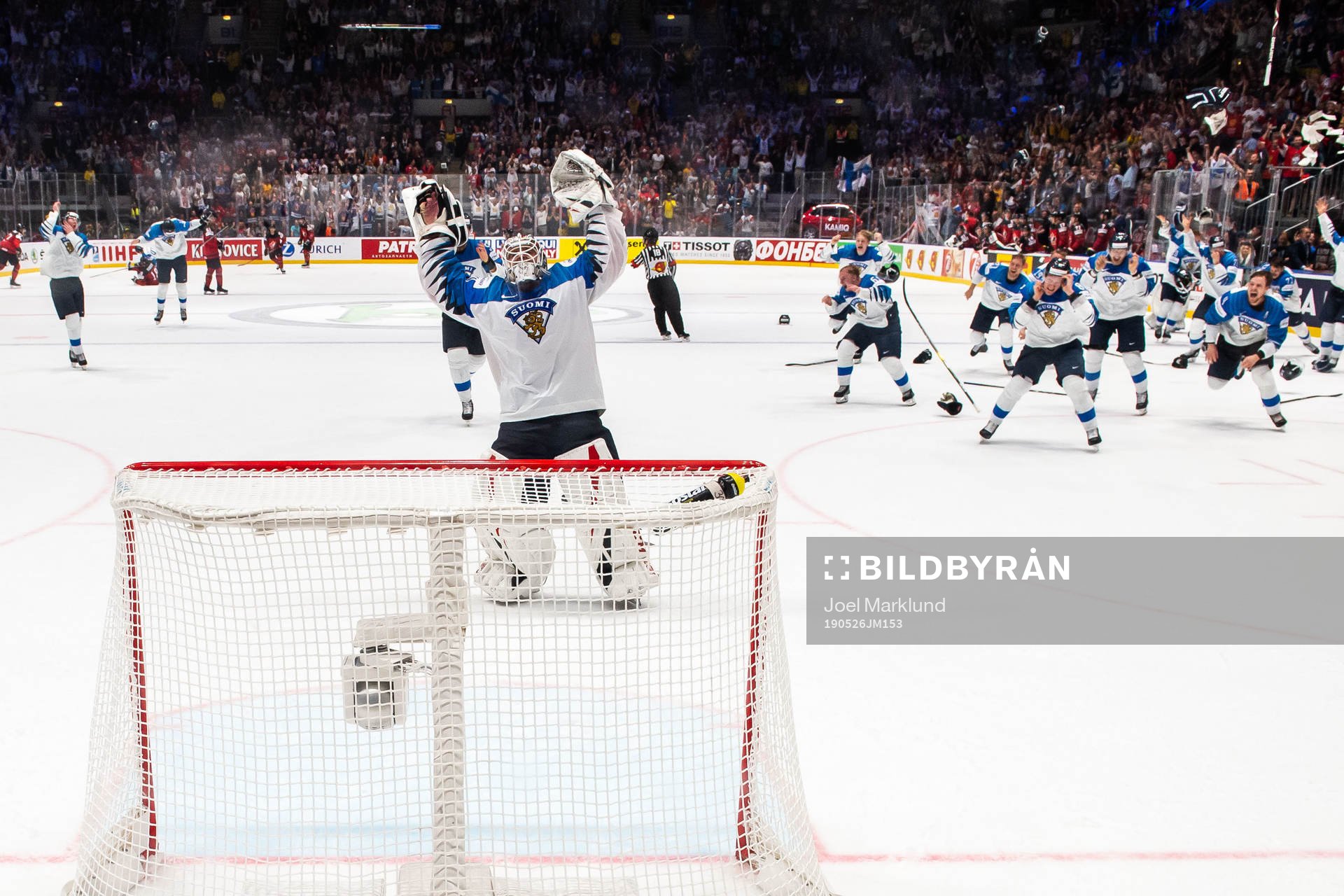 Goaltender Kevin Lankinen of Finland celebrate their win