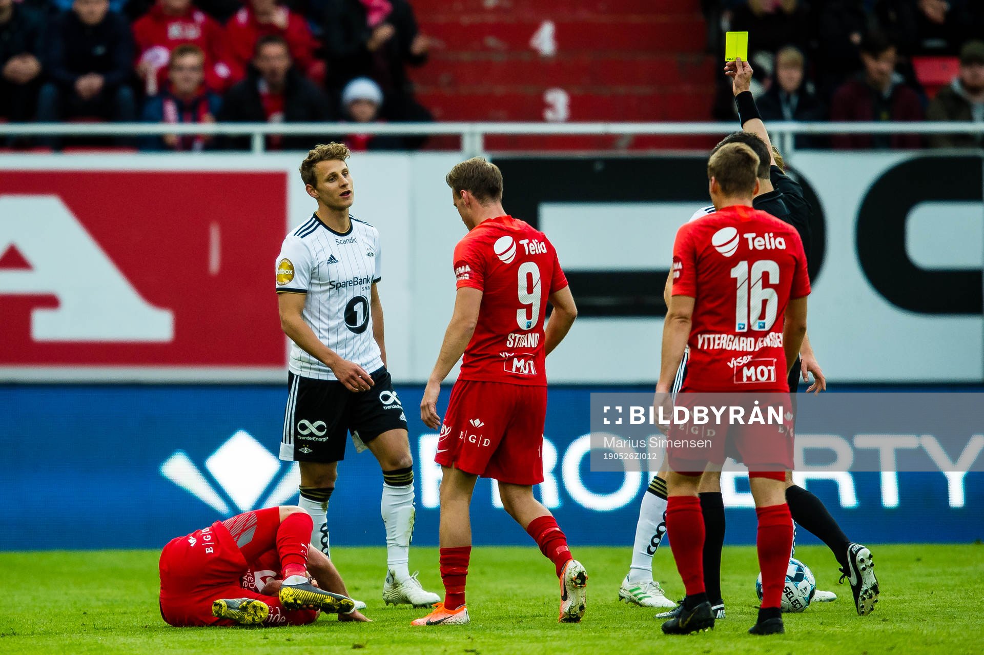 Vegar Eggen Hedenstad of Rosenborg gets a yellow card by