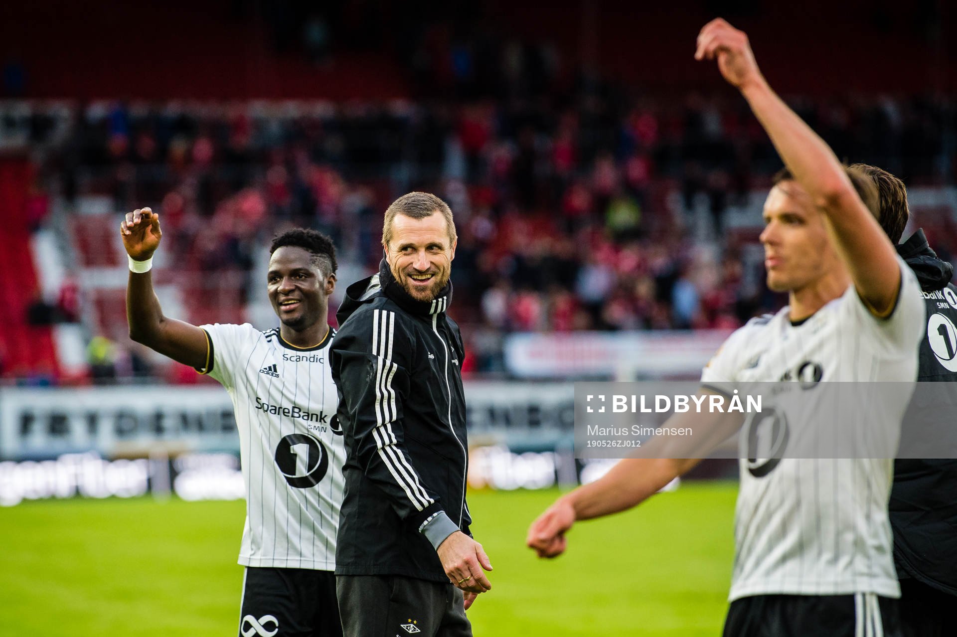 Babajide David Akintola of Rosenborg and Eirik Horneland, head coach of Rosenborg, celebrates after the Eliteserien match between Brann and Rosenborg on May 26, 2019 in Bergen.
