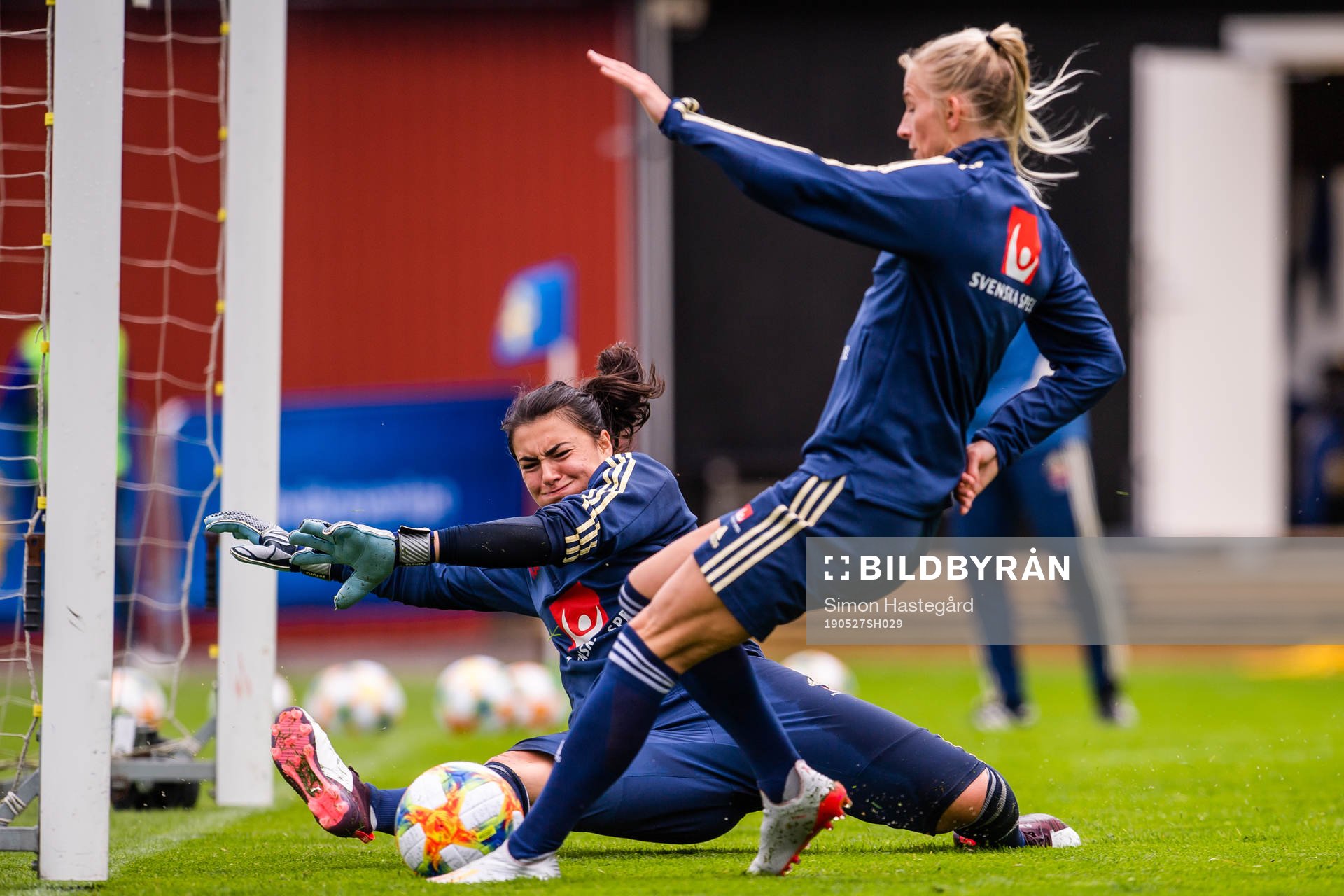 Goalkeeper Zecira Musovic and Sofia Jakobsson of Swedish