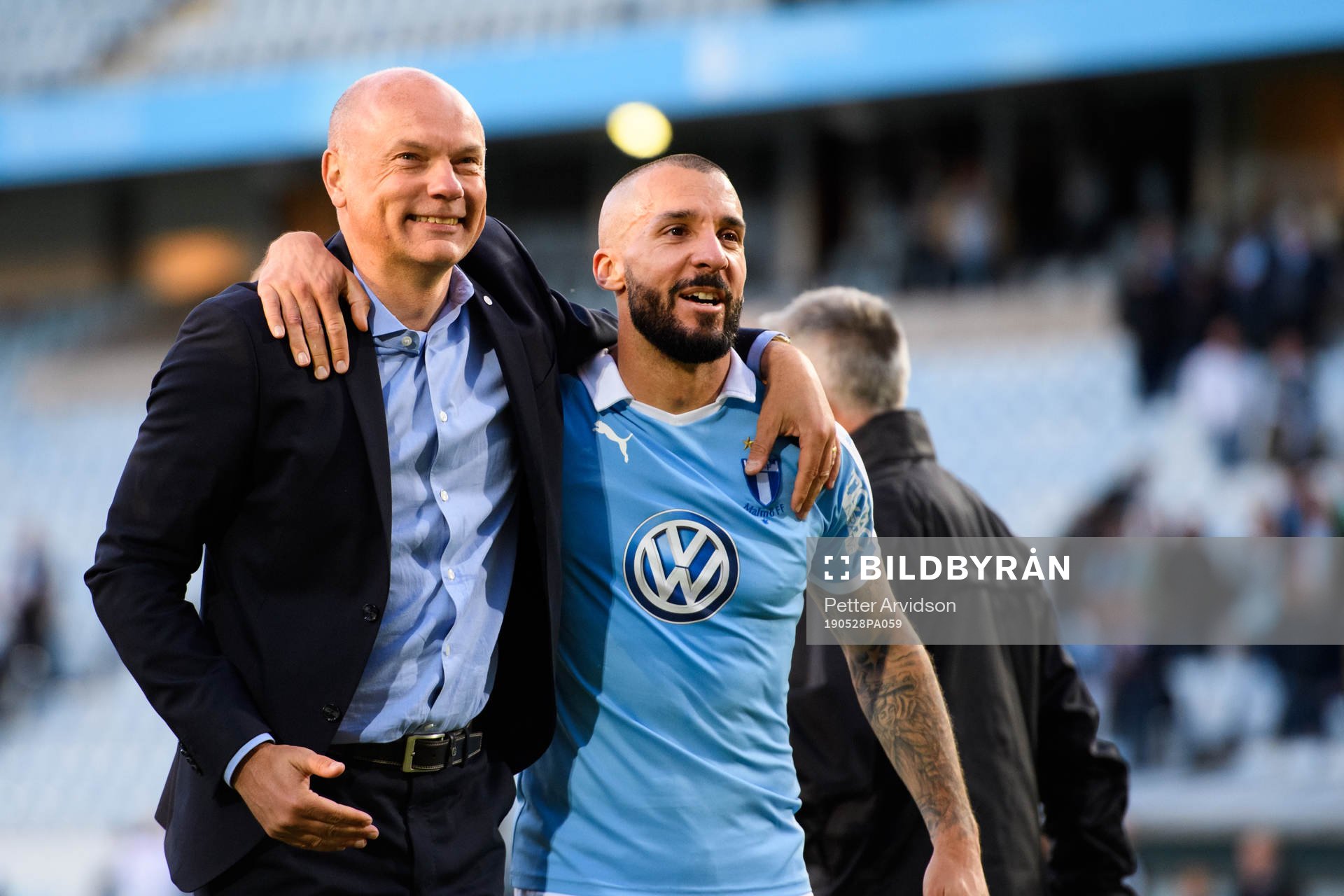 Malmö FFs tränare Uwe Rösler och Guillermo Molins efter fotbollsmatchen i Allsvenskan mellan Malmö FF och GIF Sundsvall den 28 maj 2019 i Malmö.