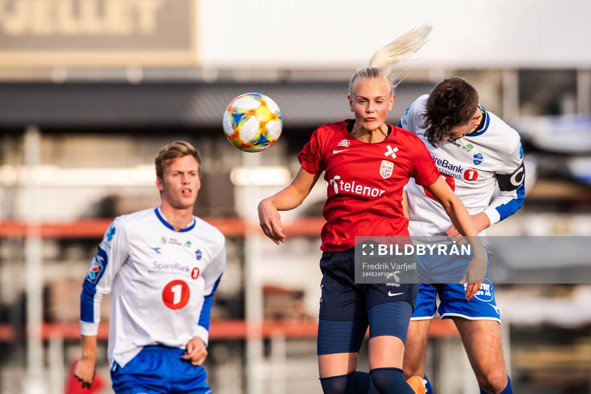 Karina Sævik of Norway and Ole Mork Olsvik of Sprint Jeløy Jr. during the Friendly match between Norway and Sprint Jeløy Jr. on May 29, 2019 in Moss.