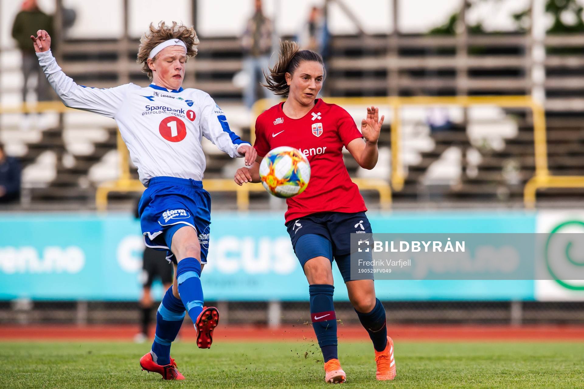 Casper Hjerpseth of Sprint Jeløy Jr. and Vilde Bøe Risa of Norway during the Friendly match between Norway and Sprint Jeløy Jr. on May 29, 2019 in Moss.
