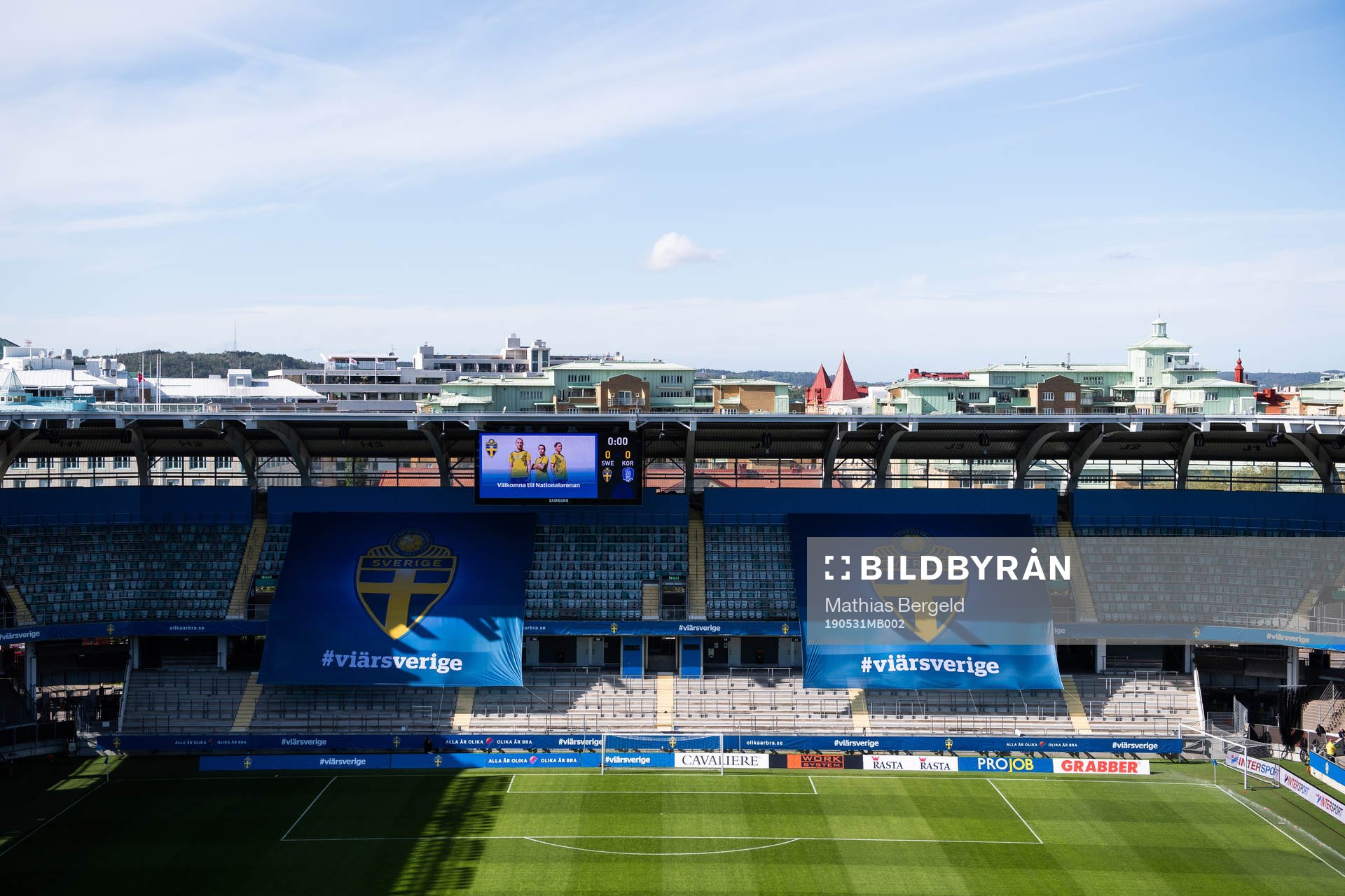 General view of arena Gamla Ullevi with flags