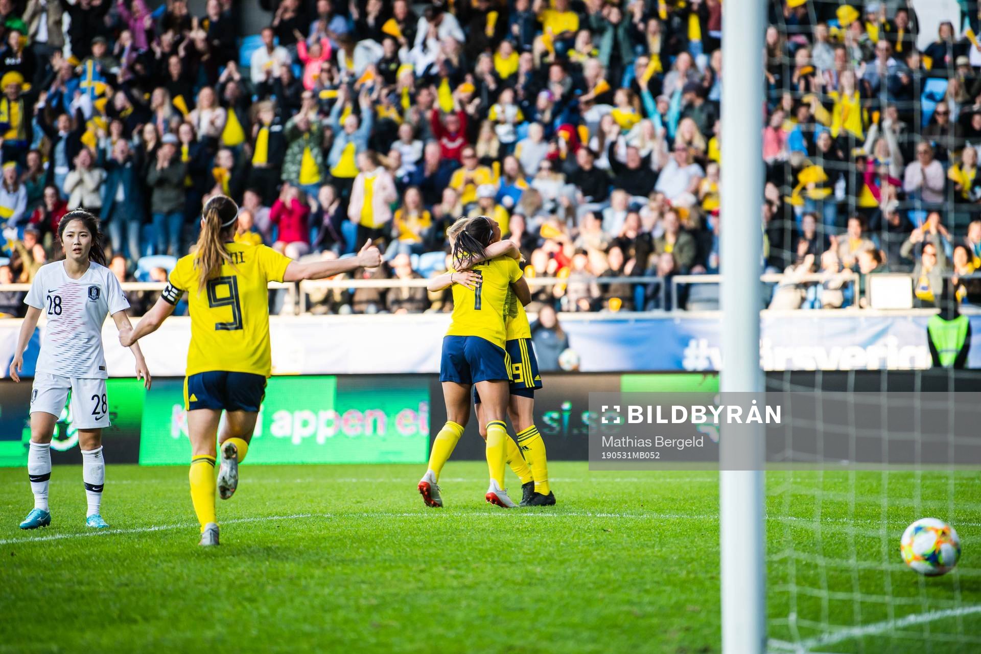 Kosovare Asllani, Madelen Janogy and Anna Anvegård of Sweden celebrate after 1-0 during the women's international friendly football match between Sweden and South Korea on may 31, 2019 in Gothenburg.