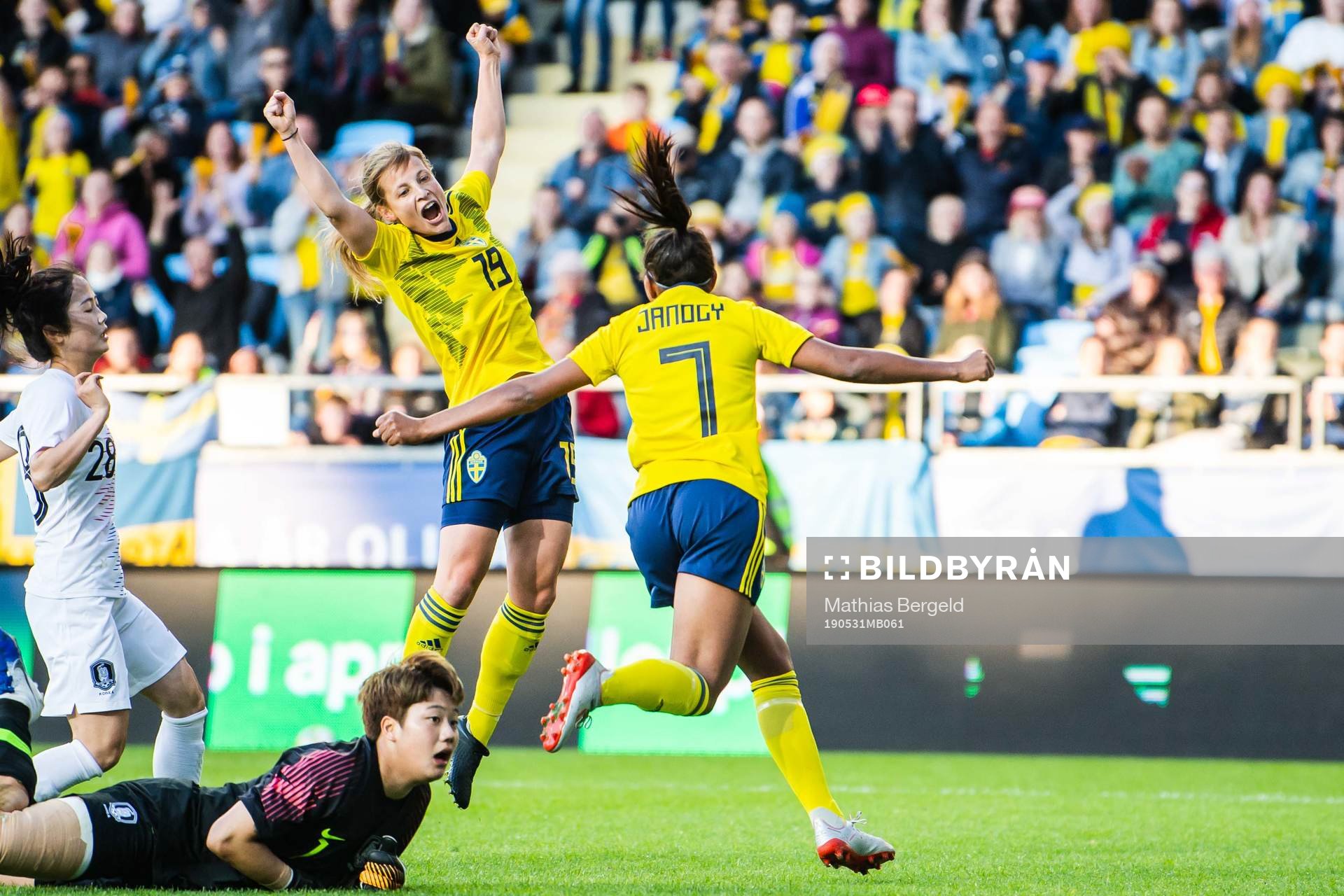Anna Anvegård and Madelen Janogy of Sweden celebrate after 1-0 during the women's international friendly football match between Sweden and South Korea on may 31, 2019 in Gothenburg.