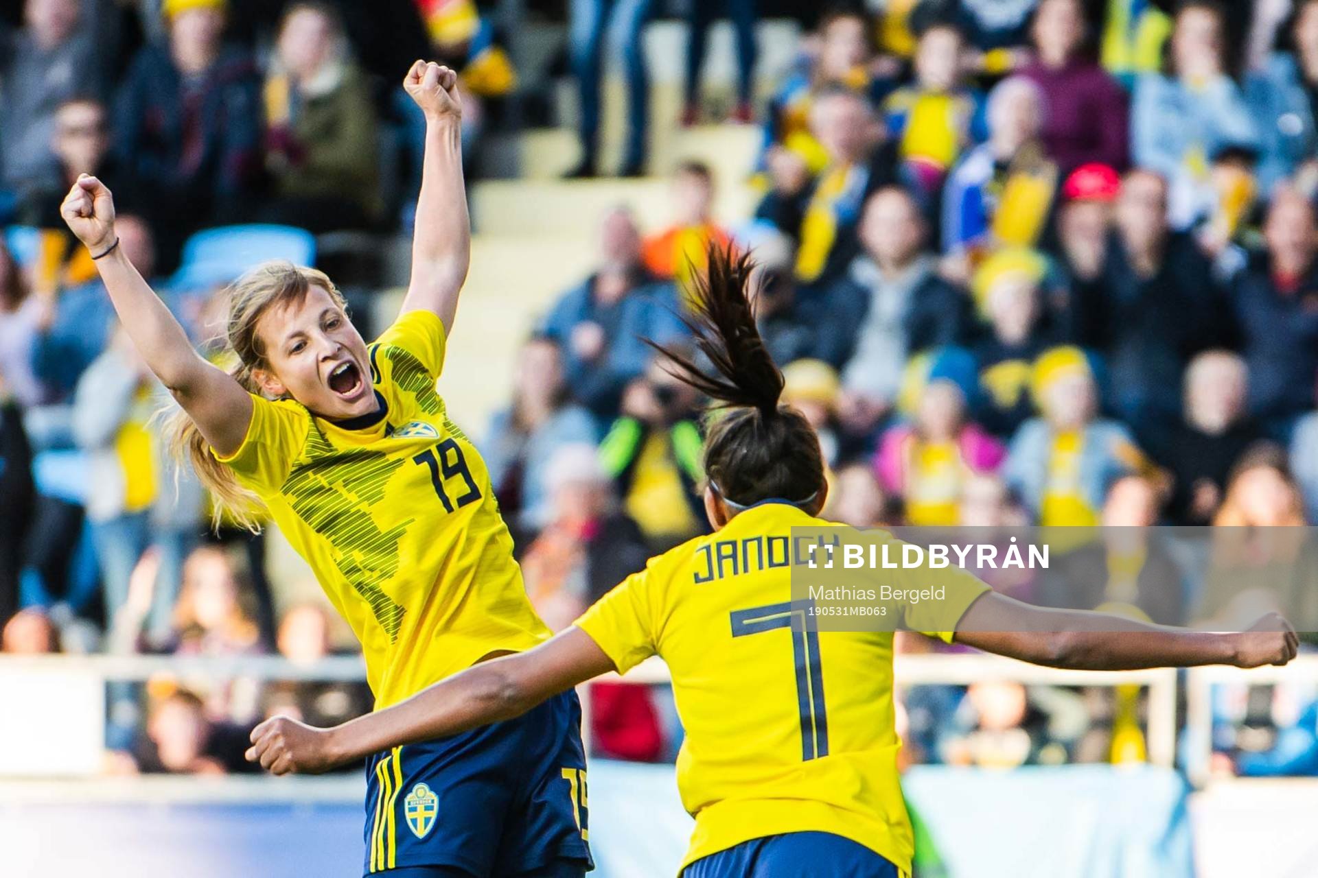 Anna Anvegård and Madelen Janogy of Sweden celebrate after 1-0 during the women's international friendly football match between Sweden and South Korea on may 31, 2019 in Gothenburg.