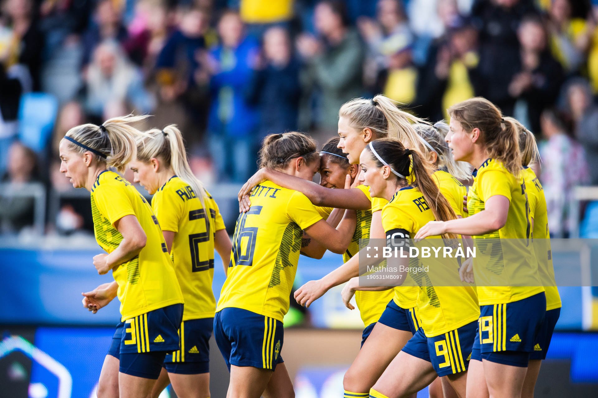 Julia Zigiotti Olme and Madelen Janogy celebrate after Madelen Janogy scored 1-0 during the women's international friendly football match between Sweden and South Korea on may 31, 2019 in Gothenburg.
