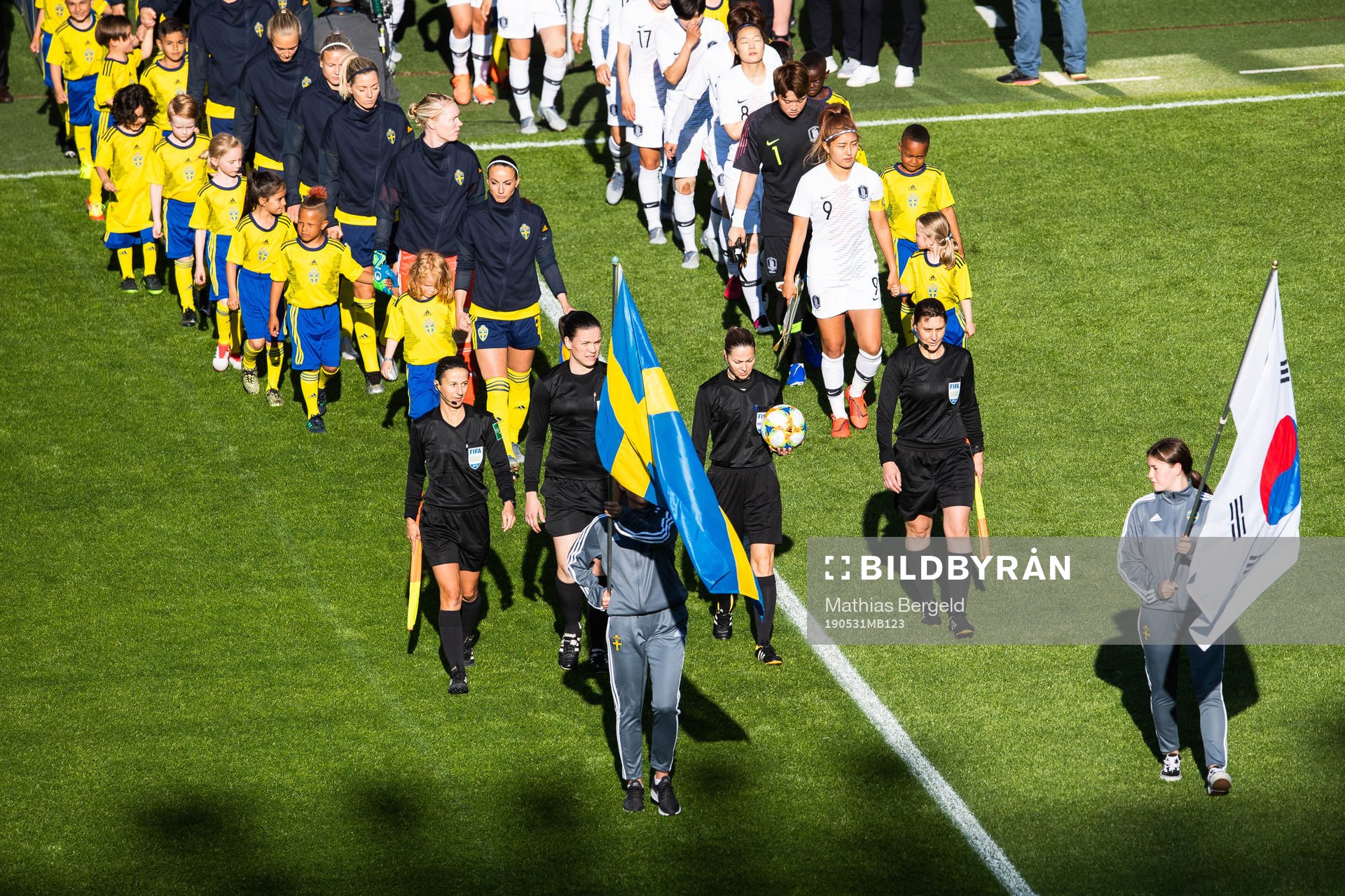 Flag holders, referees and the teams of Sweden and of South