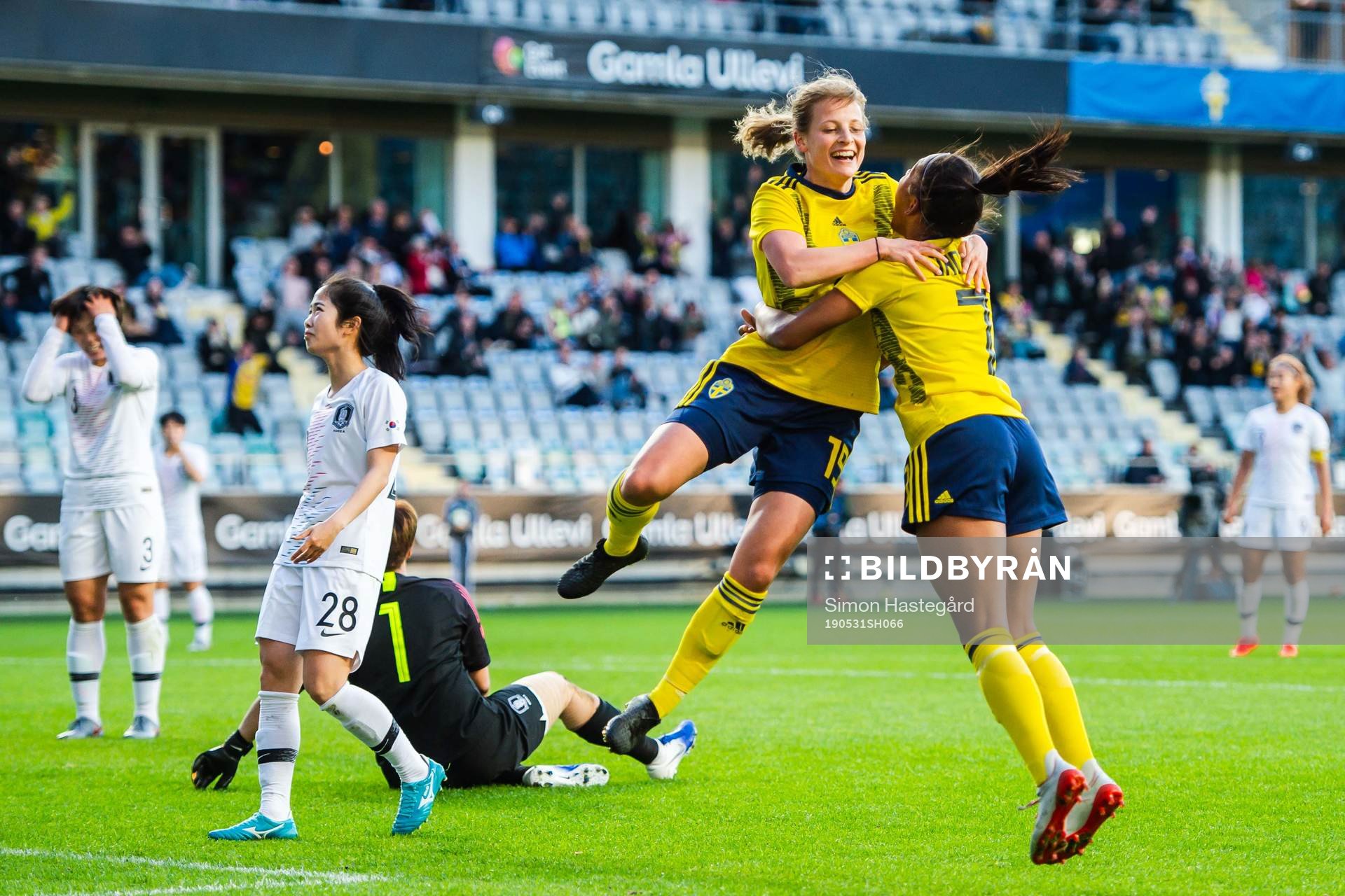 Anna Anvegård and Madelen Janogy of Sweden celebrate after 1-0 during the women’s international friendly football match between Sweden and South Korea on May 31, 2019 in Gothenburg.