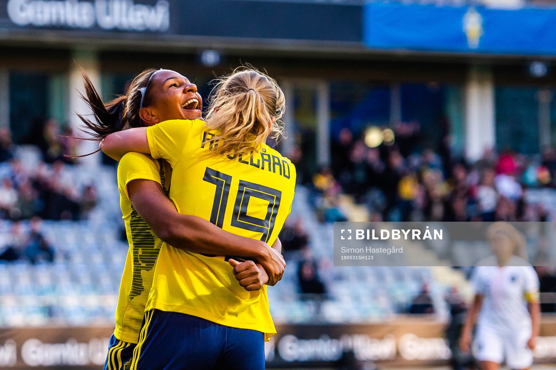 Madelen Janogy of Sweden celebrates the 1-0 goal with Anna Anvegård during the women’s international friendly football match between Sweden and South Korea on May 31, 2019 in Gothenburg.