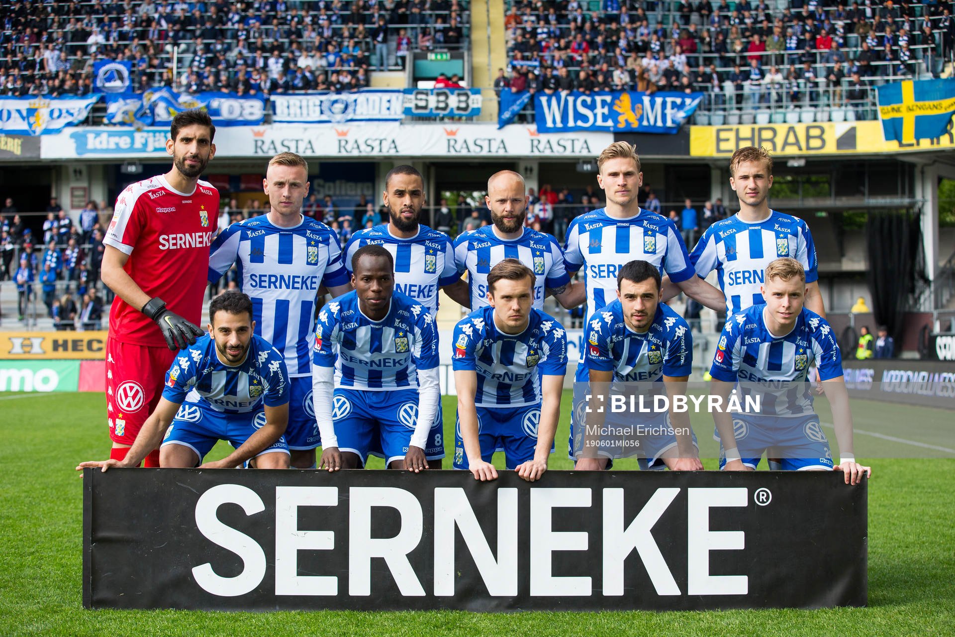 IFK Göteborgs startelva uppe fr.v. målvakt Giannis Anesti, Sebastian Ohlsson, Junes Barny, Robin Söder, Carl Starfelt, Sebastian Ohlsson och nere fr.v. André Calisir, Alhassan Yusuf Abdullahi, Patrik Karlsson Lagemyr, Giorgi Kharaishvili och Victor Wernersson innan fotbollsmatchen i allsvenskan mellan IFK Göteborg och Örebro den 1 juni 2019 i Göteborg.