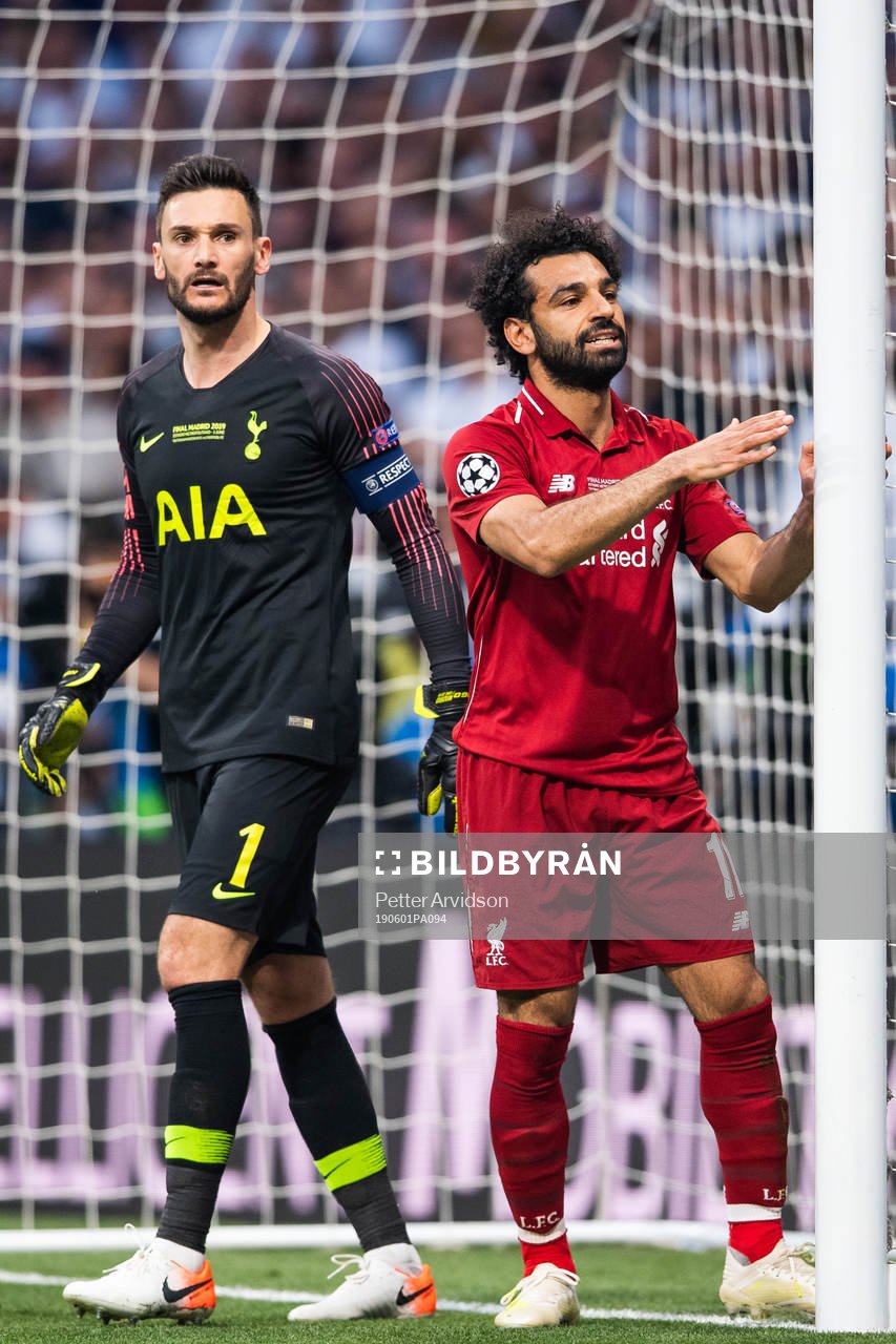 Goalkeeper Hugo Lloris of Tottenham and Mohamed Salah of