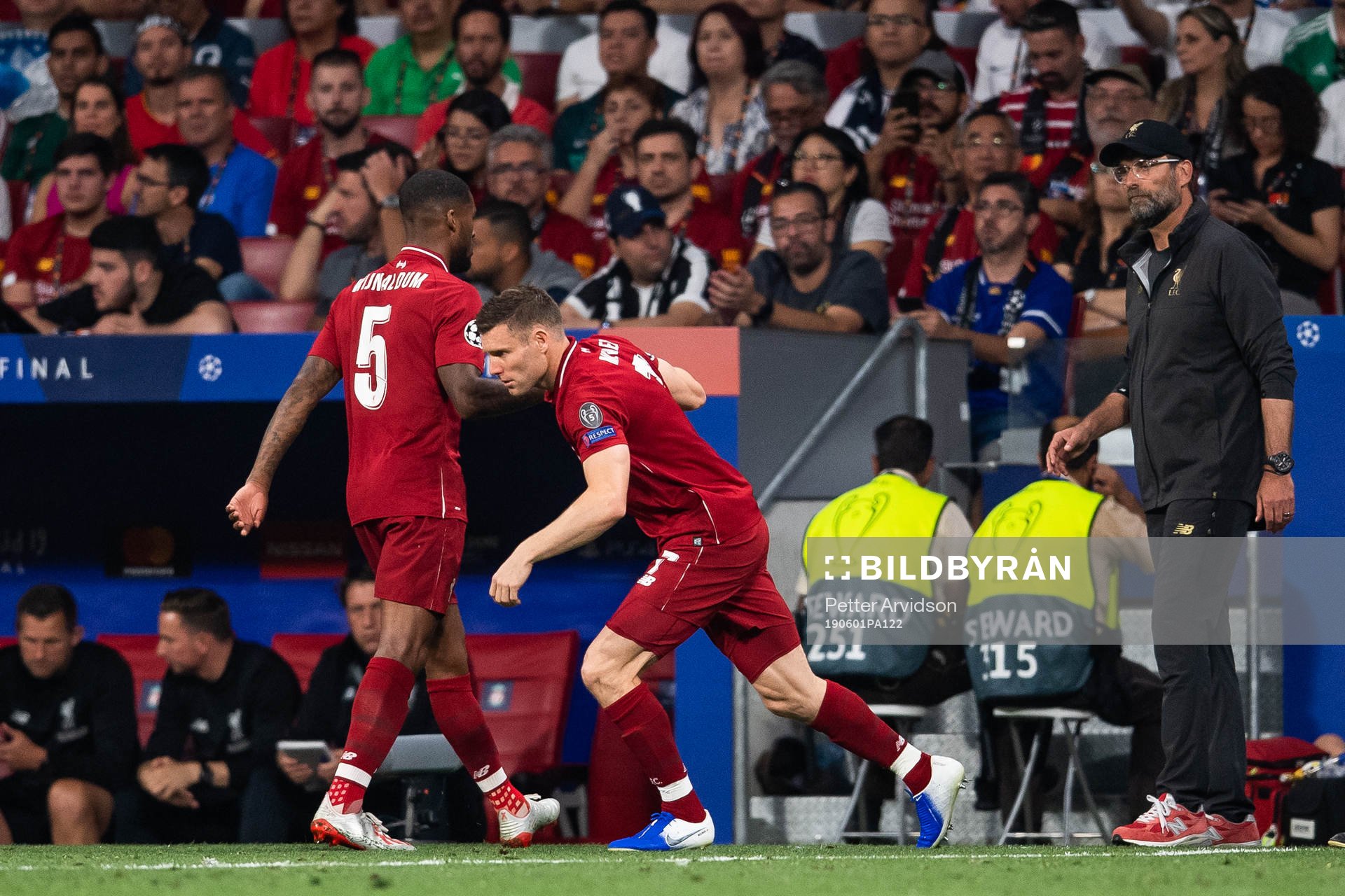 Georginio Wijnaldum of Liverpool is substituted for James Milner of Liverpool during the UEFA Champions League final between Tottenham and Liverpool on June 1, 2019 in Madrid.