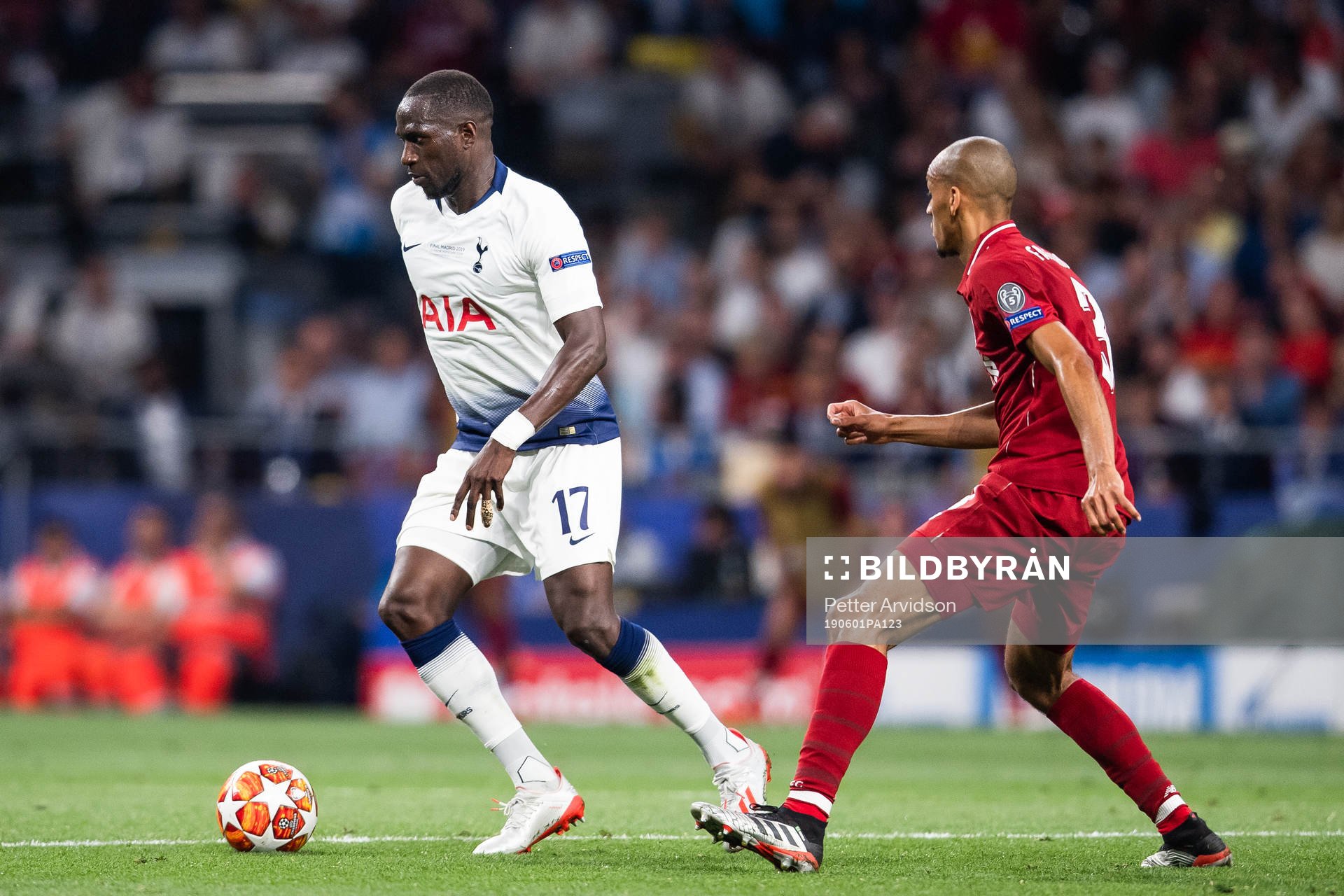 Moussa Sissoko of Tottenham and Fabinho of Liverpool