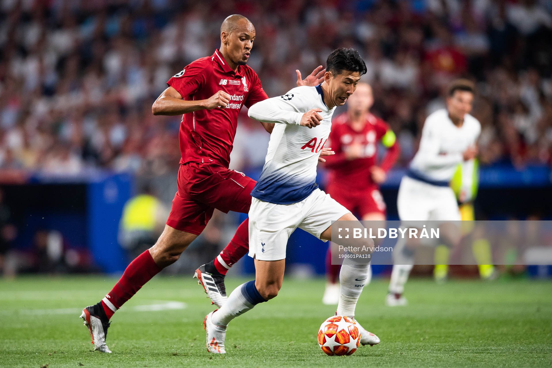 Heung-Min Son of Tottenham and Fabinho of Liverpool