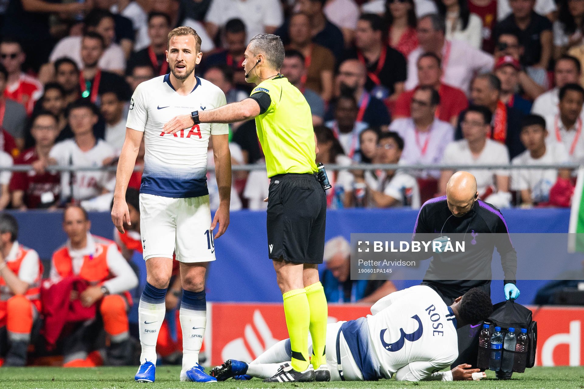 Harry Kane of Tottenham talks tio referee Damir Skomina as Danny Rose lies down injured during the UEFA Champions League final between Tottenham and Liverpool on June 1, 2019 in Madrid.