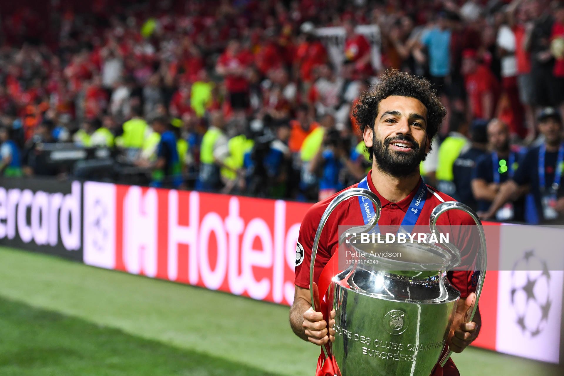 Mohamed Salah of Liverpool celebrate with the trophy