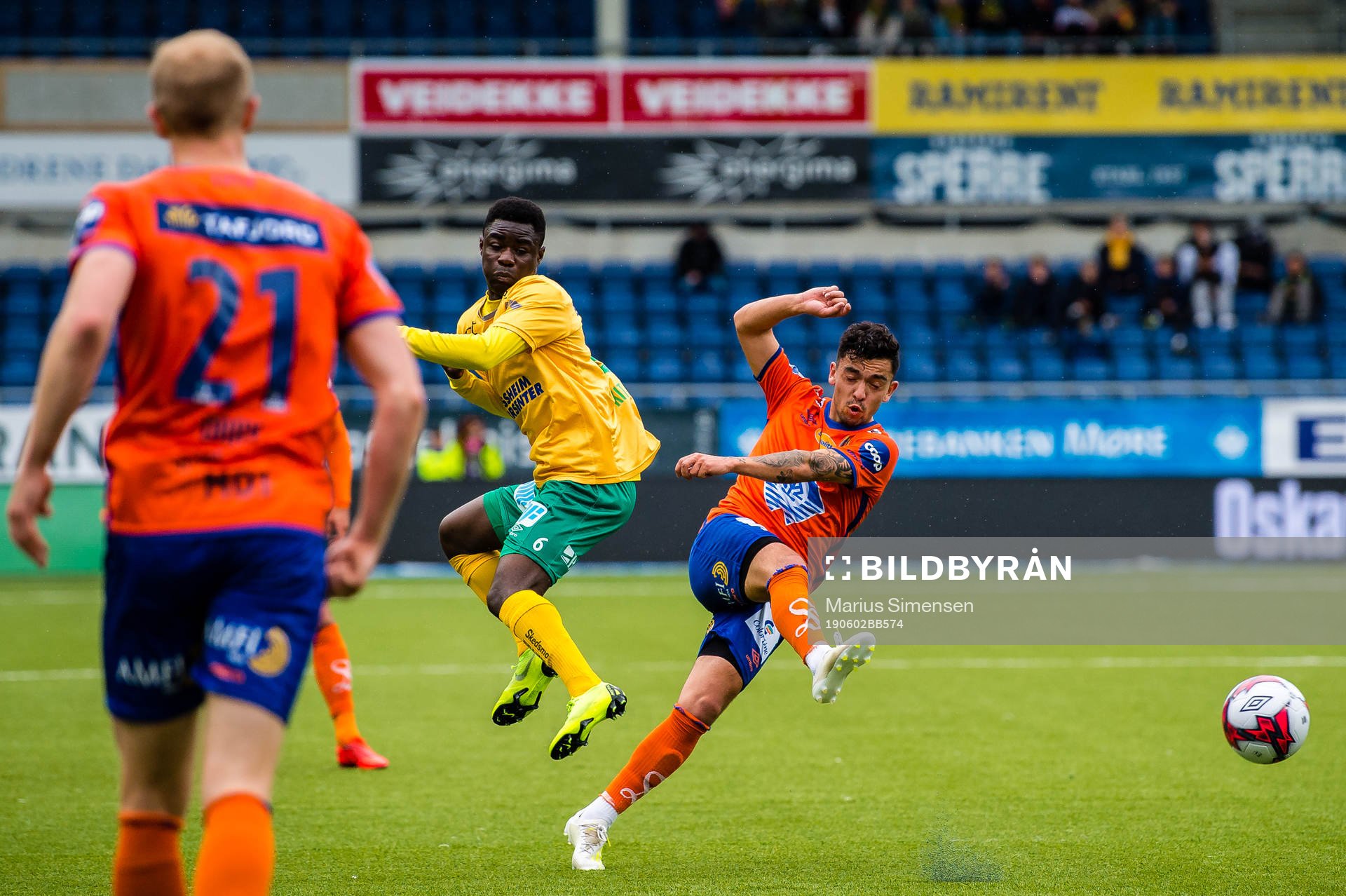 Eric Bugale Kitolano of Ull/Kisa and Niklas Fernando Nygaard Castro of Aalesund during the OBOS-ligaen match between Aalesund and Ull/Kisa on June 2, 2019 in Ålesund.