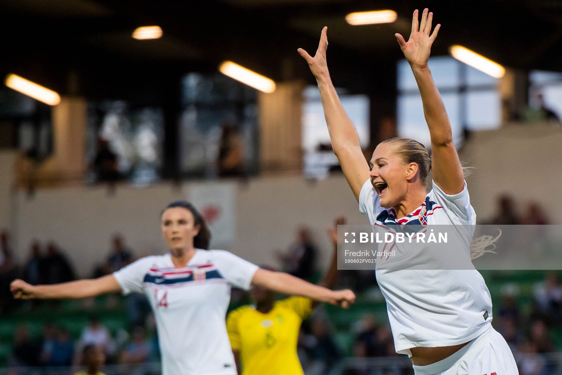 Lisa-Marie Karlseng Utland of Norway celebrates after scoring 0-2 during the Friendly match between South Africa and Norway on June 2, 2019 in Amiens.