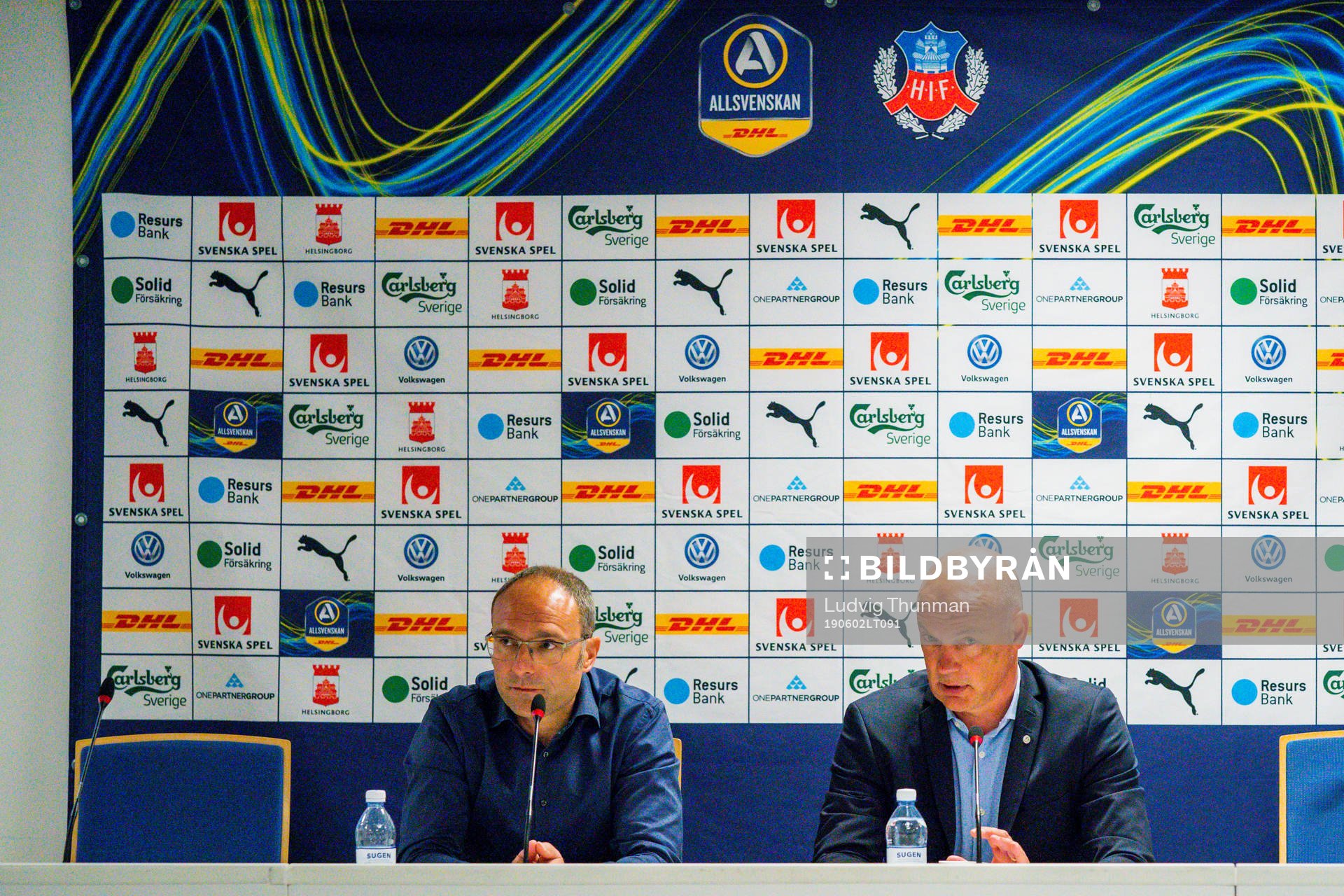 Helsingborgs tränare Per-Ola Ljung och Malmö FFs ränare Uwe Rösler under presskonferensen efter fotbollsmatchen i Allsvenskan mellan Helsingborg och Malmö FF den 2 juni 2019 i Helsingborg.