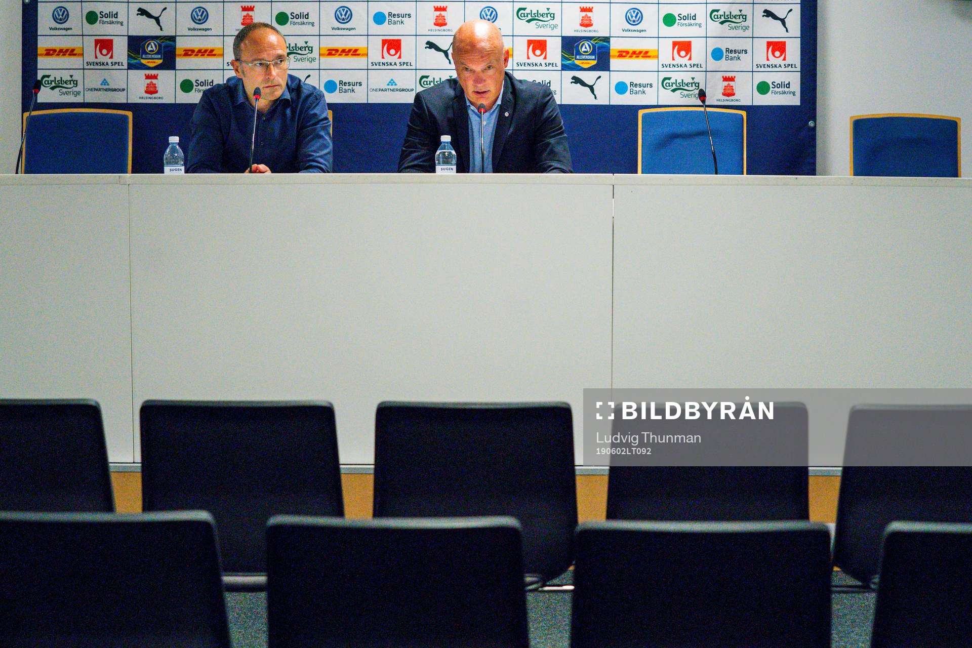 Helsingborgs tränare Per-Ola Ljung och Malmö FFs ränare Uwe Rösler under presskonferensen efter fotbollsmatchen i Allsvenskan mellan Helsingborg och Malmö FF den 2 juni 2019 i Helsingborg.