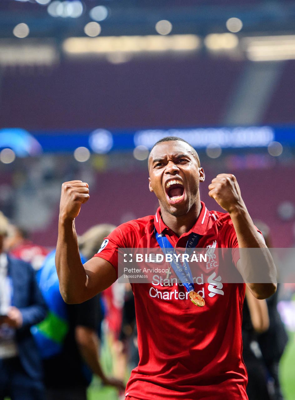 Daniel Sturridge of Liverpool celebrates after the UEFA Champions League final between Tottenham and Liverpool on June 2, 2019 in Madrid.