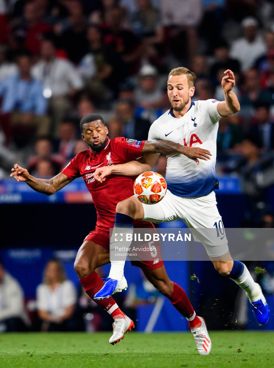Georginio Wijnaldum of Liverpool and Harry Kane of Tottenham during the UEFA Champions League final between Tottenham and Liverpool on June 2, 2019 in Madrid.