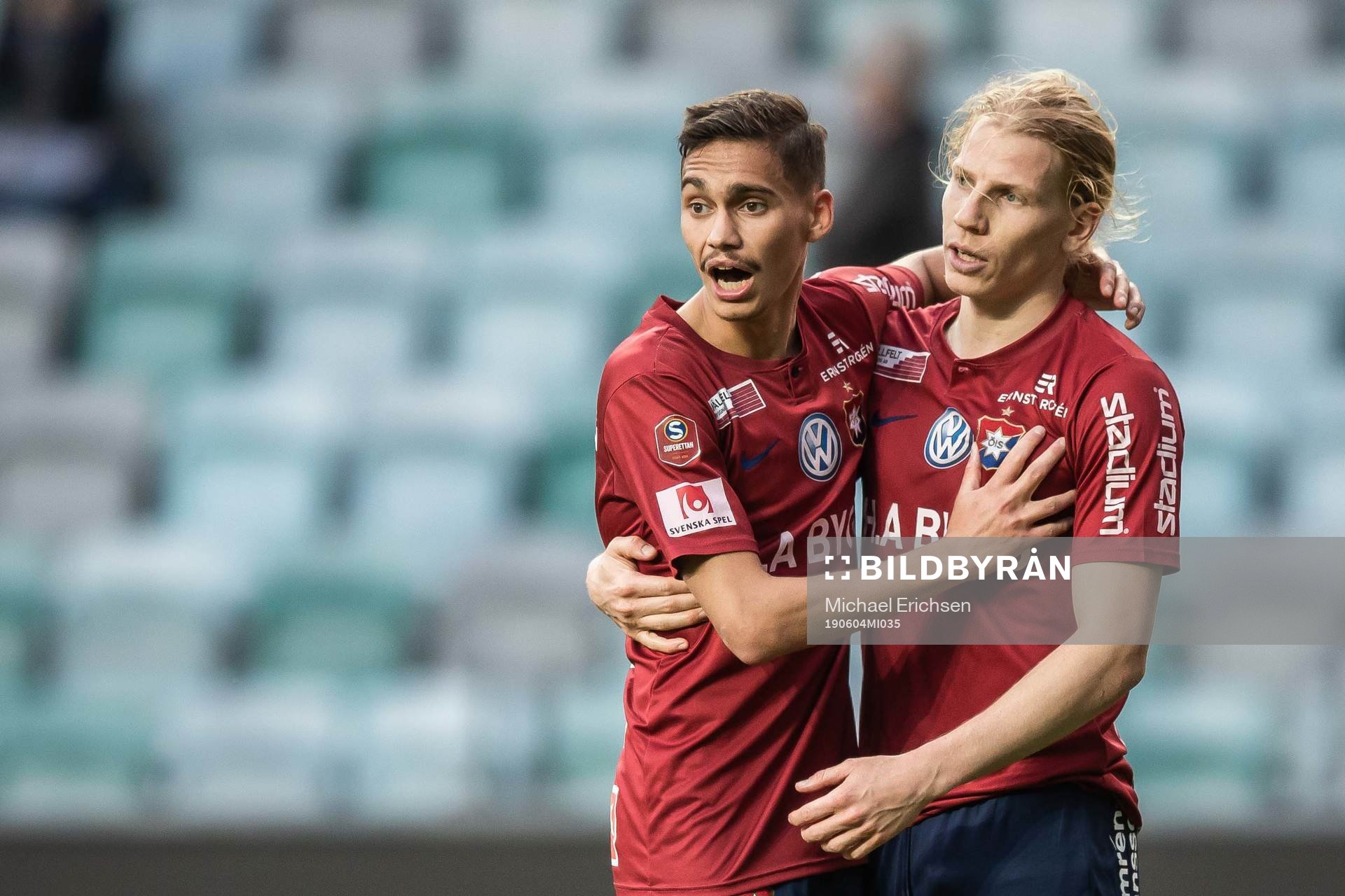 Örgrytes Fredrik Zanjanchi jublar med Gustav Ludwigson efter 2-0 under fotbollsmatchen i Superettan mellan Örgryte och Syrianska den 4 juni 2019 i Göteborg.