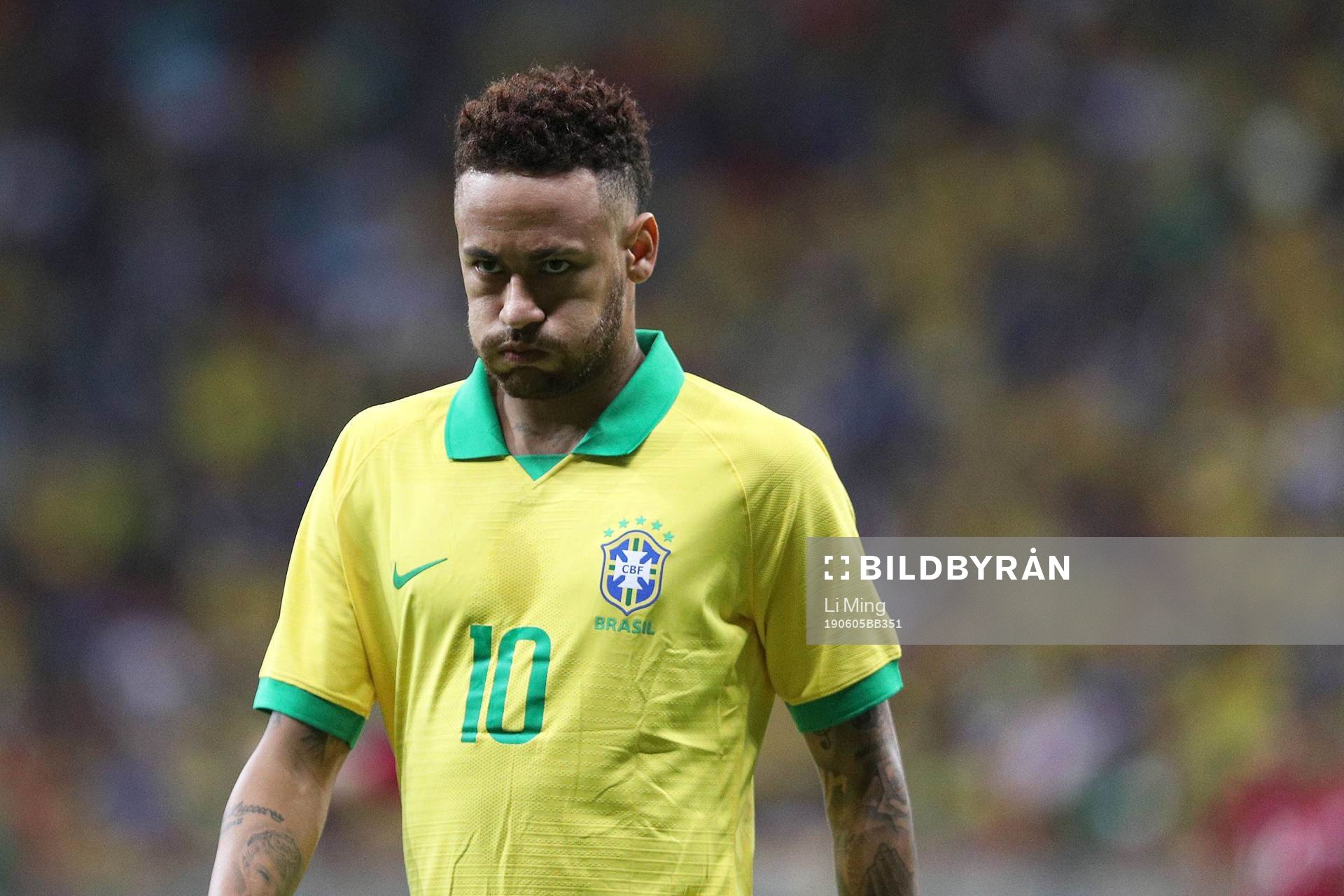  -- BRASILIA, June 6, 2019 -- Brazil s Neymar reacts during a friendly soccer match between Brazil and Qatar in Brasilia, Brazil, June 5, 2019. 
